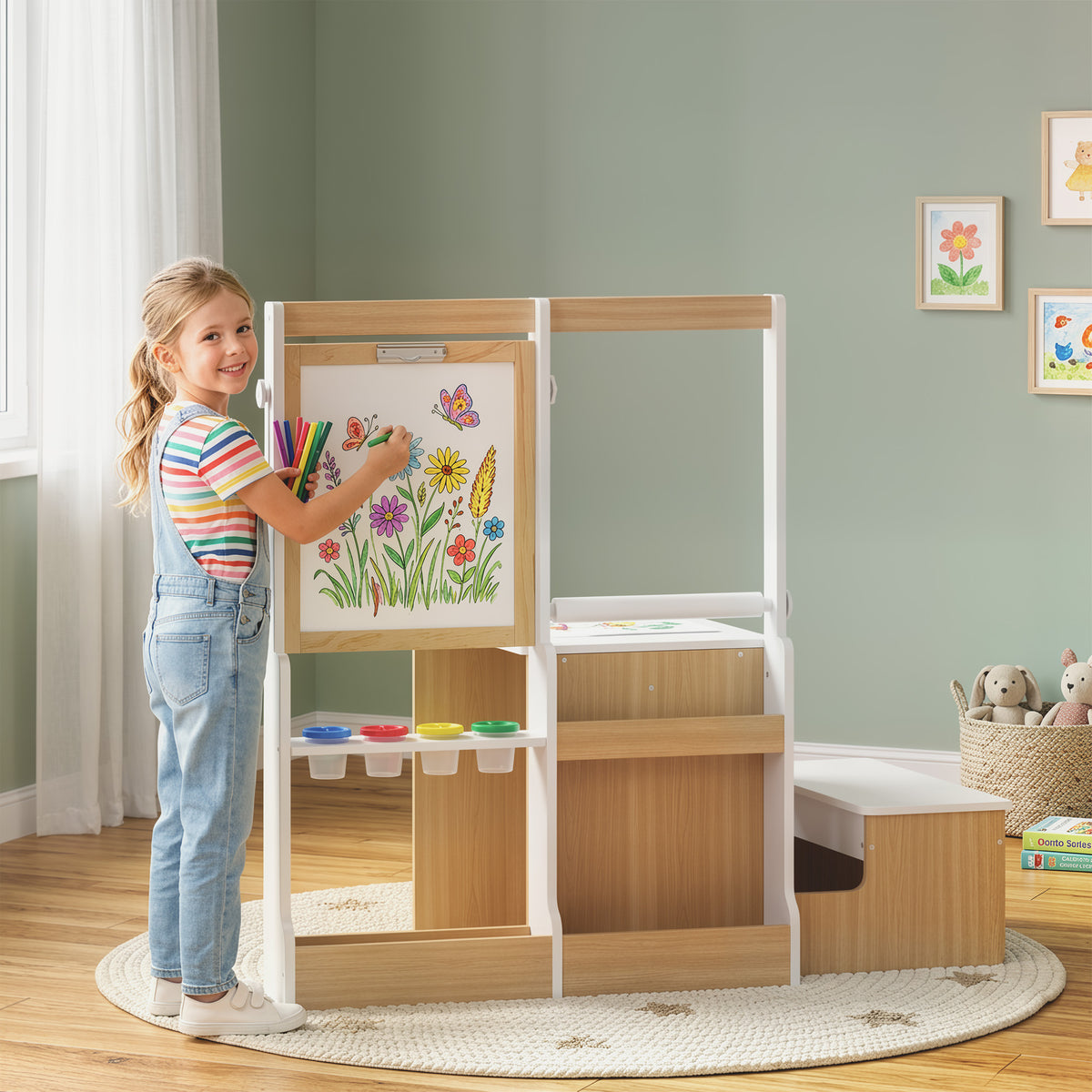 5-in-1 Kids Art Table and Chair Set with Easel, Wooden Craft and Play Activity Desk with Storage