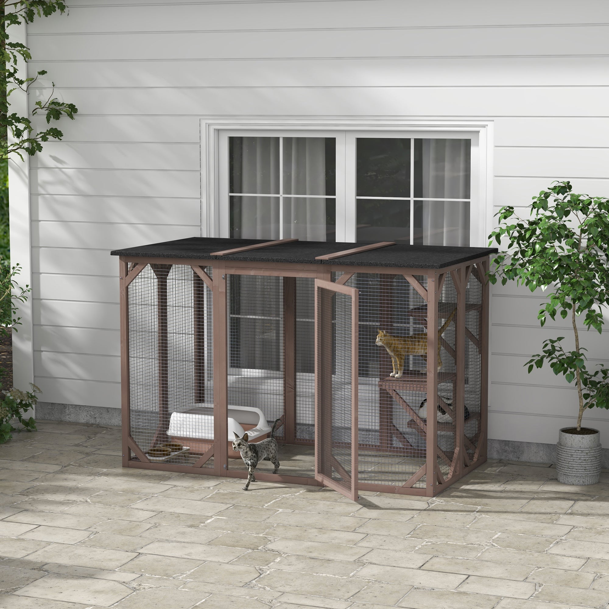 Outdoor Cat House, Catio Wooden Feral Cat Shelter, Cat Cage with Platforms, Large Enter Door, Weather Protection Asphalt Roof, 71" L, Brown - Brown - Image 8