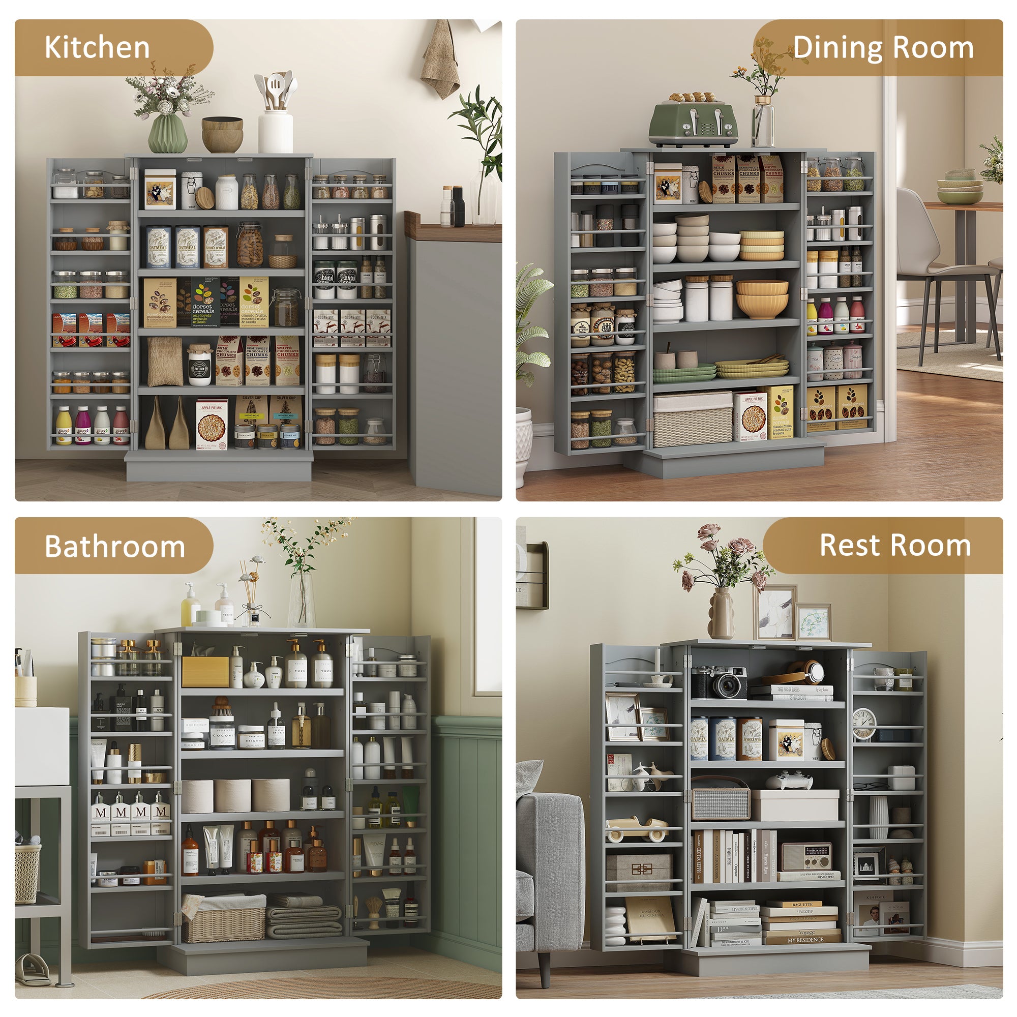 Freestanding Kitchen Pantry Cabinet, Kitchen Cabinet with 12 Door Shelves, Double Doors, 5-tier Shelving, Gray