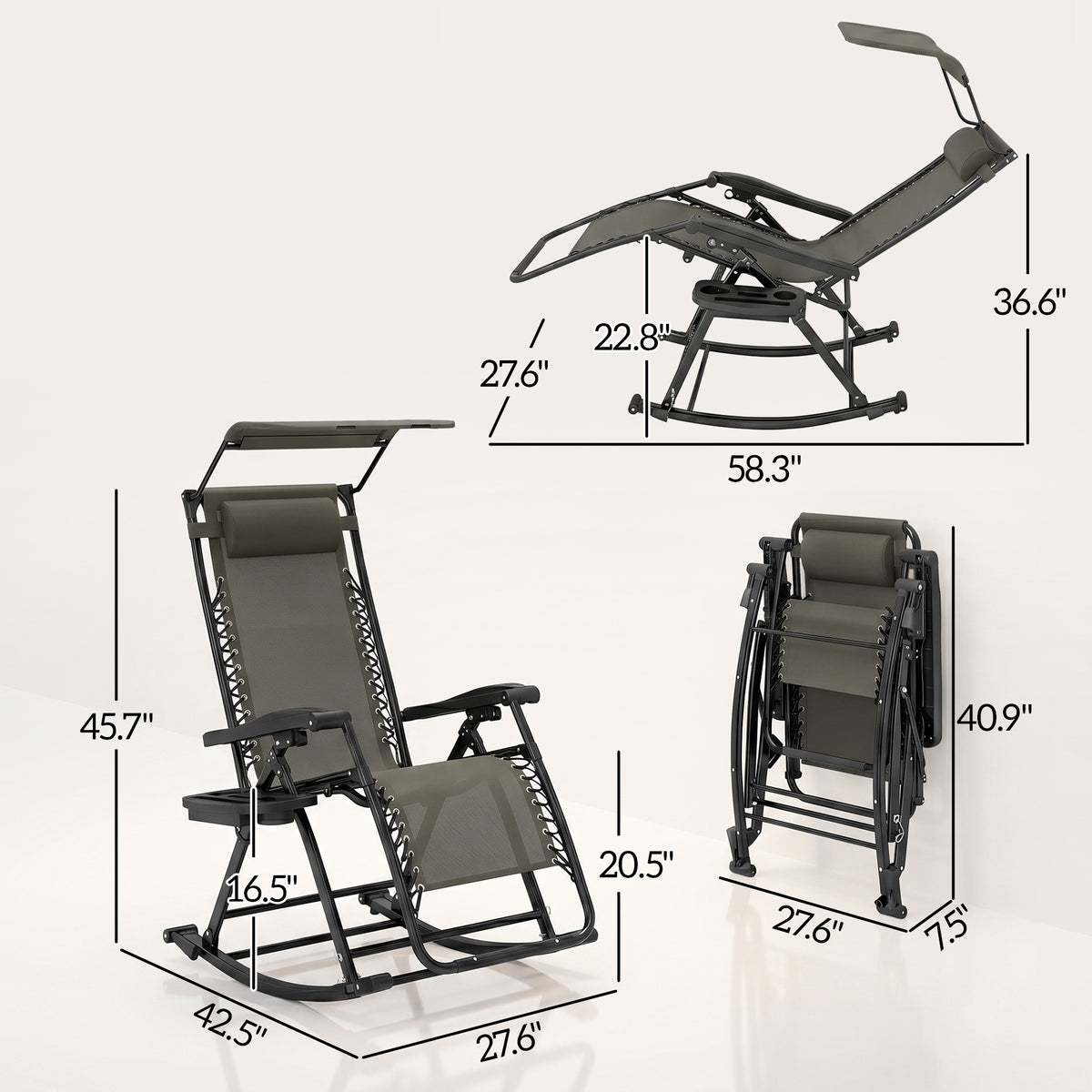 Outdoor Rocking Chairs, Foldable Reclining Zero Gravity Lounge Rocker with Pillow, Cup & Phone Holder, Combo Design with Folding Legs, Gray