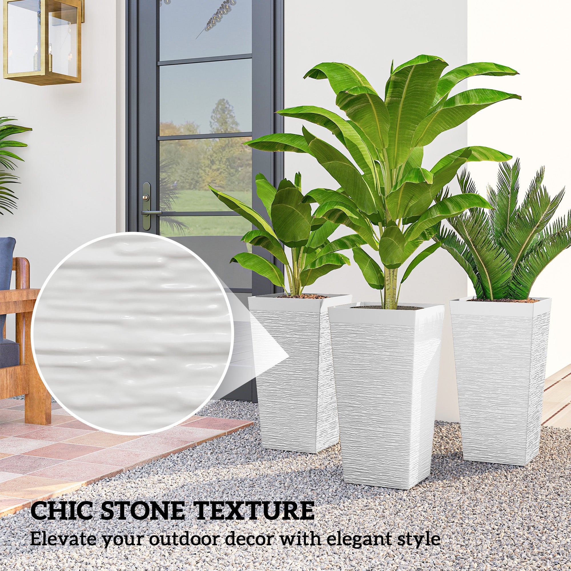 22.8 Inch Set of 3 Outdoor Planters with Stone Finish and Wheels, Stackable Tapered Planters with Drainage Hole, White - White - Image 5