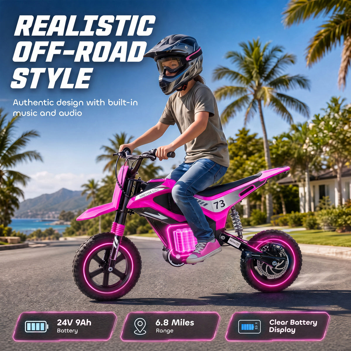 24V Kids Electric Motorcycle with 180W Brushless Motor, Suspension, Soft Start, 12" Rubber Tires for 6+ Years, Pink