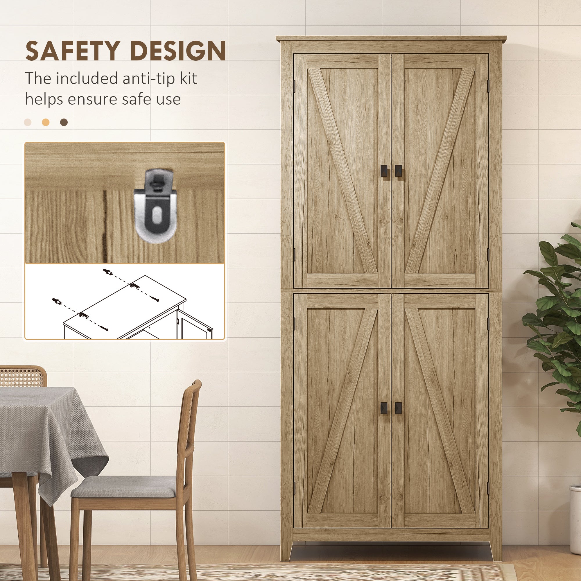 72" Freestanding Kitchen Pantry Cabinet, Farmhouse Tall Storage Cabinet with 4 Door Cabinets and Adjustable Shelves for Dining Room, Natural