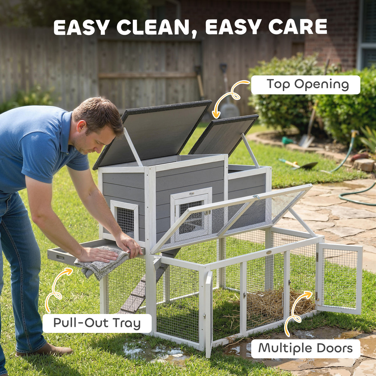 Wooden Rabbit Hutch, 2-Story Bunny Cage with Run, Waterproof & Openable Roof, Pull Out Tray and Ramp for 1-2 Rabbits