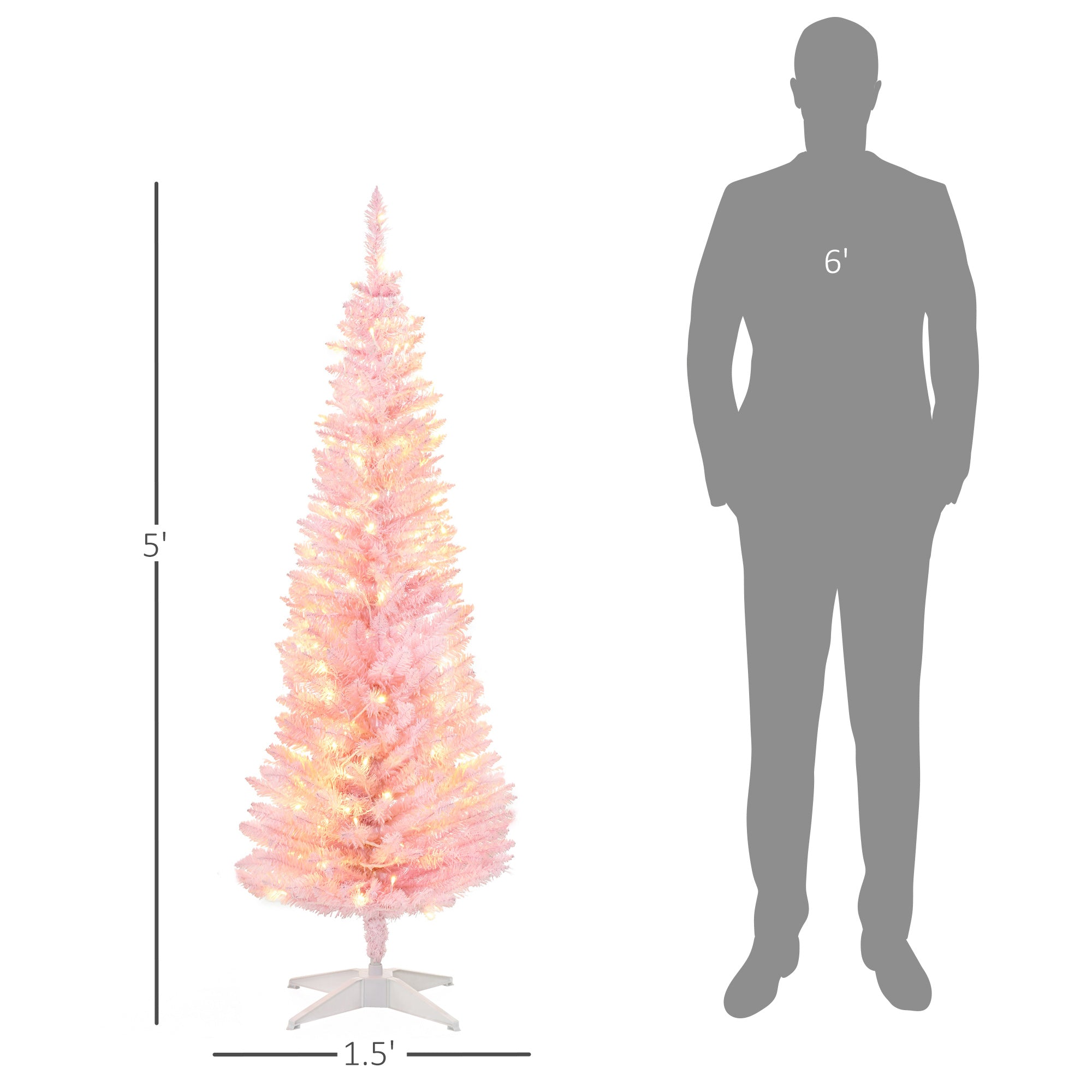 5ft Pencil Christmas Tree, Slim Artificial Christmas Tree with Realistic Branches and Warm White LED Lights, Pink