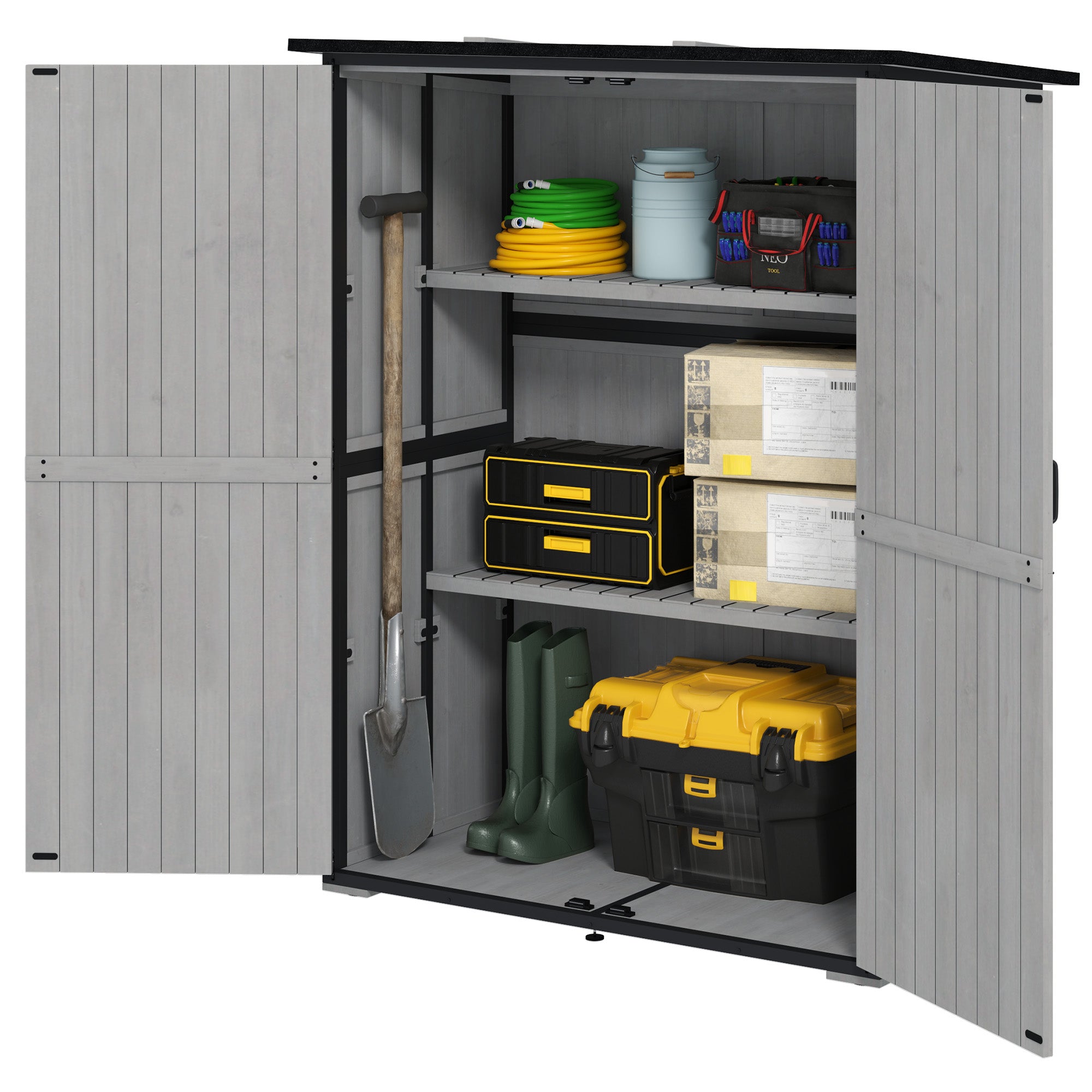 Wood Storage Shed, Outdoor Garden Shed with Asphalt Roof, 2 Shelves, Lockable Doors and Adjustable Feet, Gray - Gray