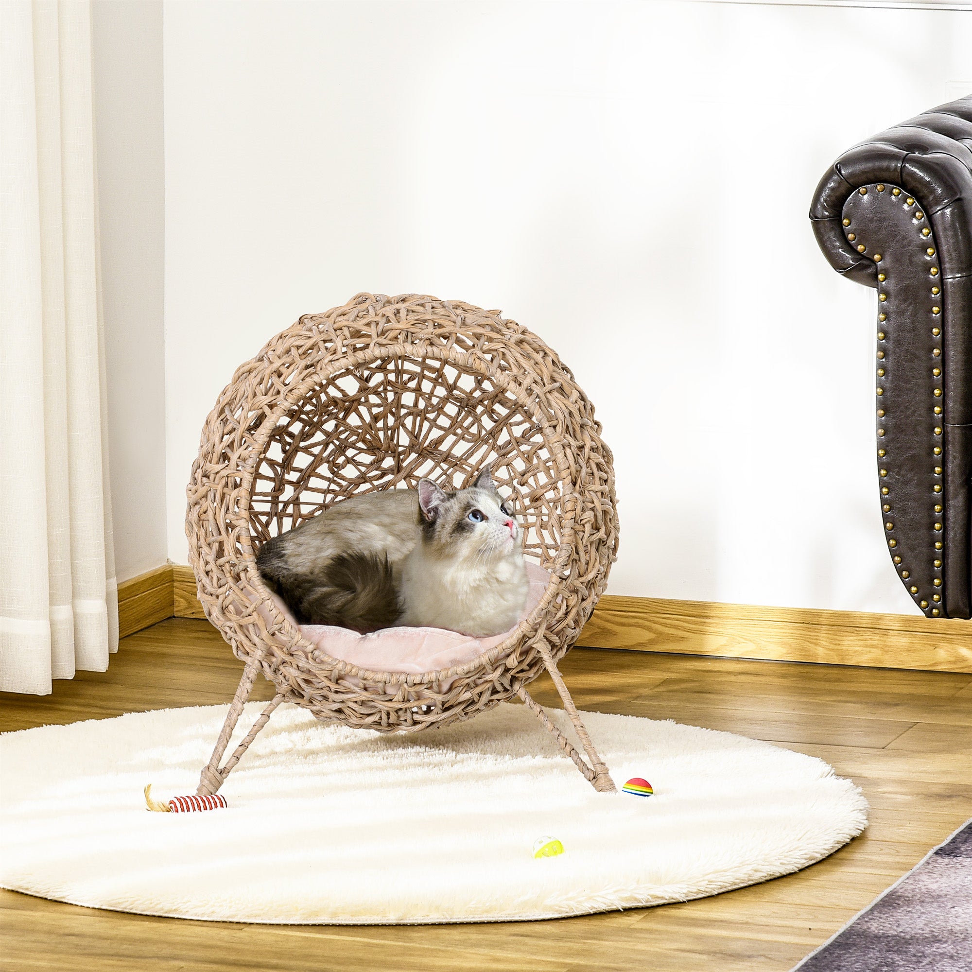 20.5" Weaved Cat Bed, Elevated Hand-woven Braided Banana Leaf Kitten House Condo with Cushion, Beige - Beige - Image 2