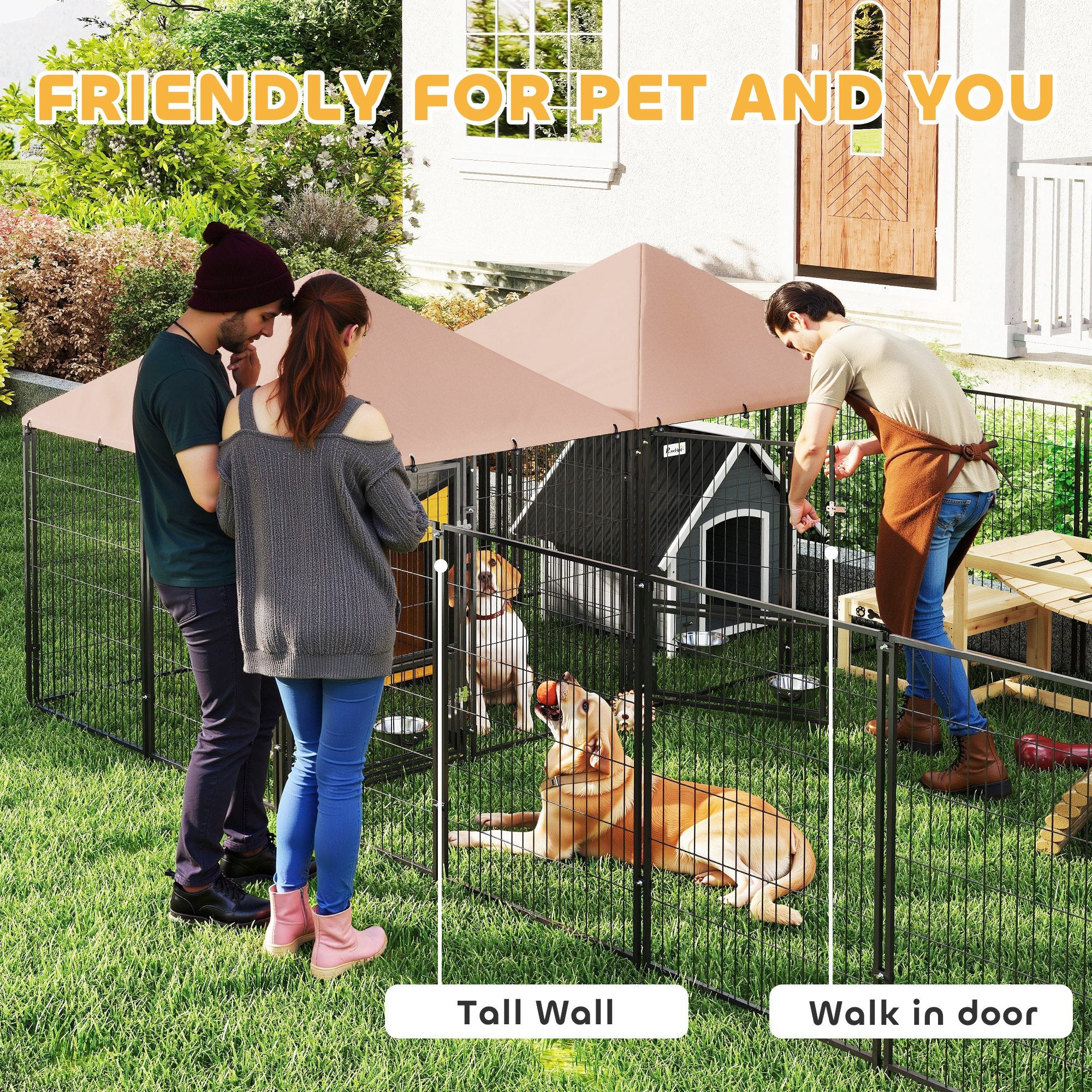 Large Outdoor Dog Kennel with 2 Rooms, Rotating & Adjustable Height Bowls, 13.5' x 9.4' x 5.1' - Coffee - Image 7