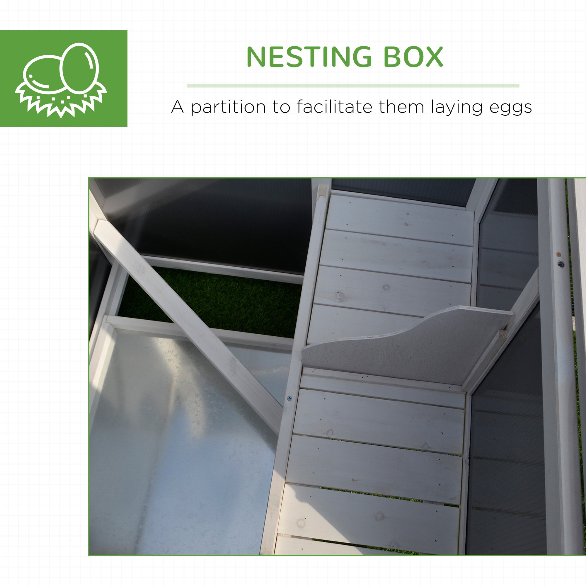 63" Chicken Coop Wooden Chicken House Rabbit Hutch Poultry Cage Hen Pen Backyard PC Roof with Run Box - Grey and White - Image 6