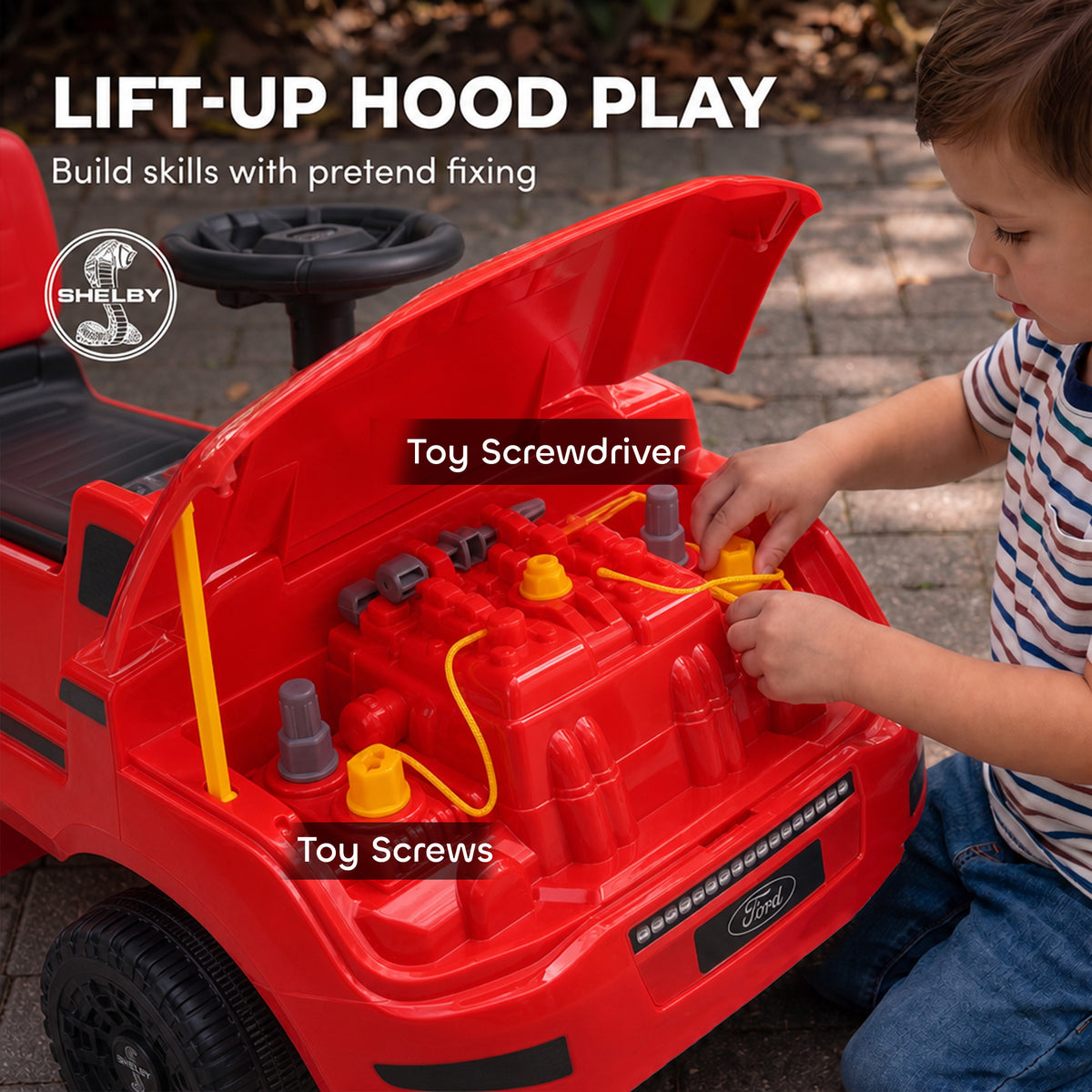 3-in-1 Push Car for 1-3, Licensed Ford Shelby Sliding Walking Car with Parent Handle, Canopy, Guardrail, Storage, Red