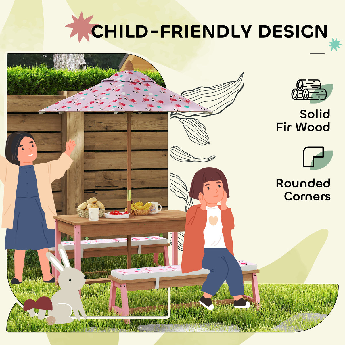 Qaba Kids Picnic Table Set with Foldable Umbrella, Removable Cushions & Boxes, Flamingo Theme, Pink