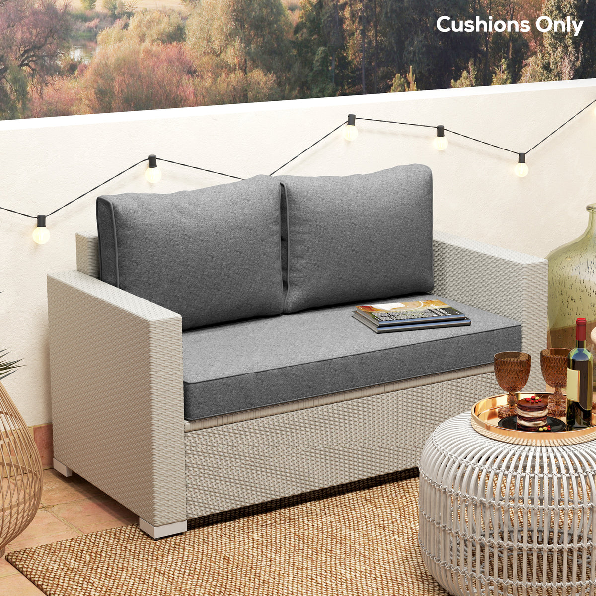 2 Seat Patio Furniture Cushions, 46x26x5 in, Thick Outdoor Loveseat Cushion Set with Removable Cover, Fade-Resistant Replacement Cushions for Outdoor Furniture, Couch, Bench, Swing, Gray