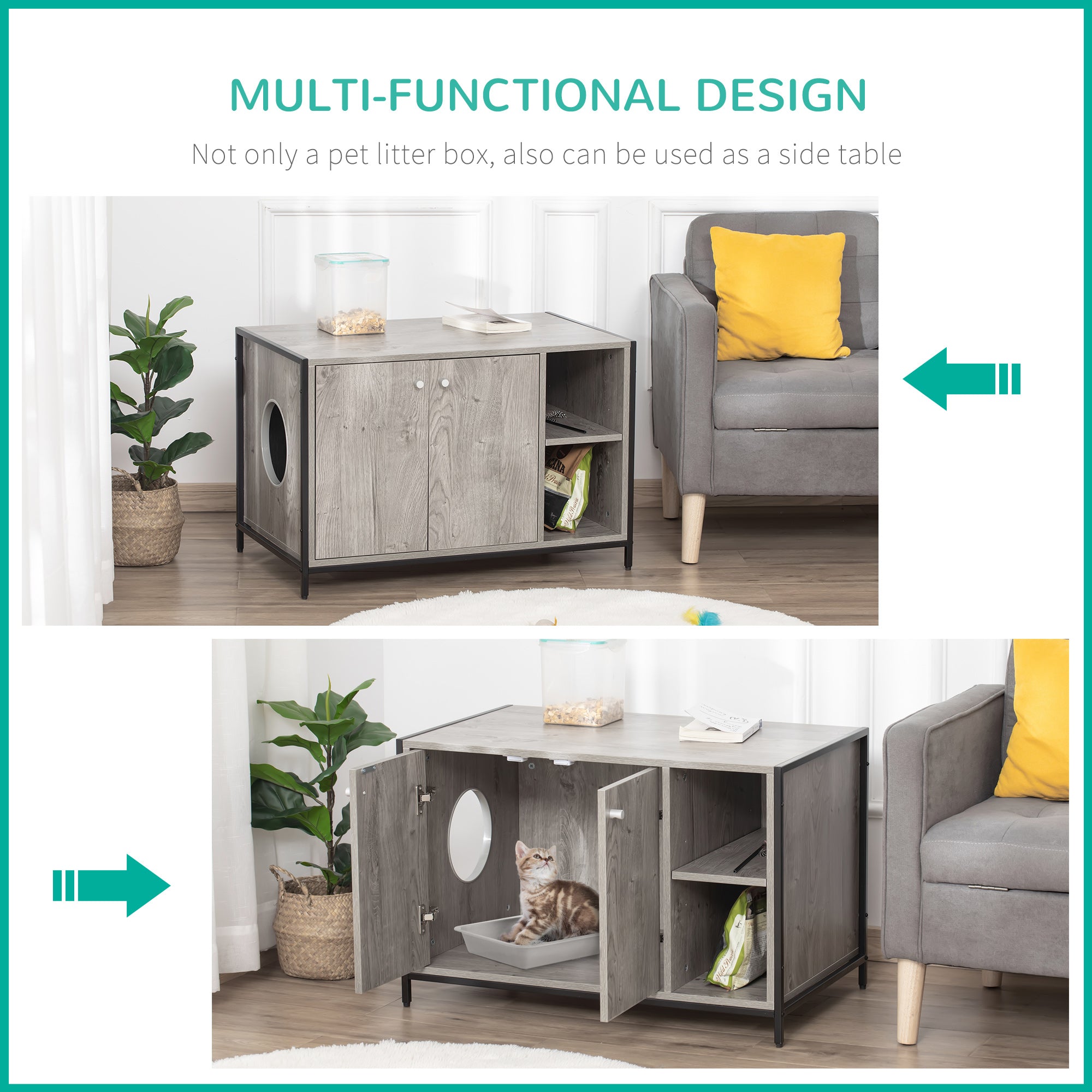 Large Wooden & Steel Cat Litter Box Enclosure, Kitten Washroom End Table, Indoor Hidden Cat House with Magnetic Doors & Storage Shelves, Gray - Grey - Image 5