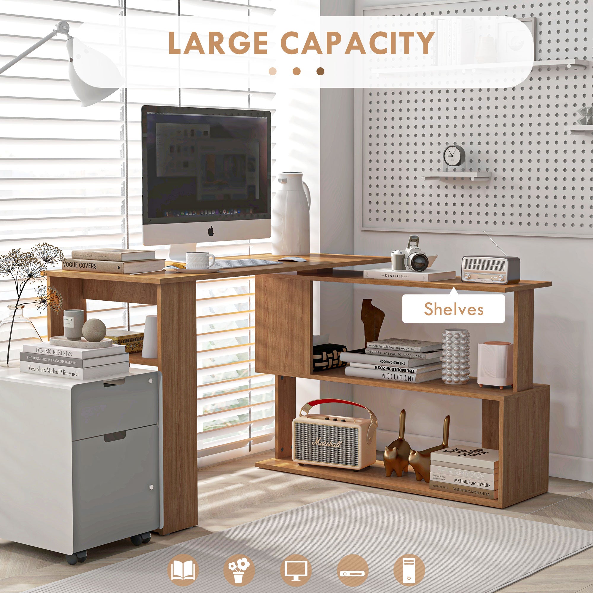 360° Rotating Home Office Desk L Shaped Corner Computer Desk with Storage Shelves, Writing Table Workstation, Teak