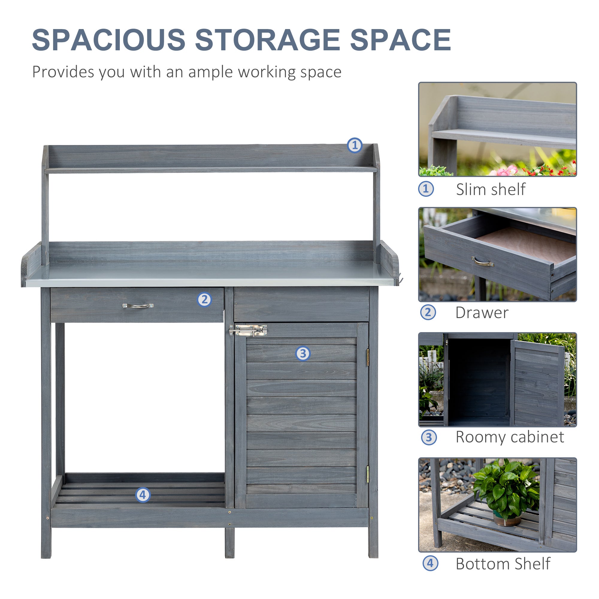 Outdoor Potting Bench Table, Garden Work Station with Storage Cabinet, Open Shelf and Steel Tabletop, Gray - Grey - Image 5