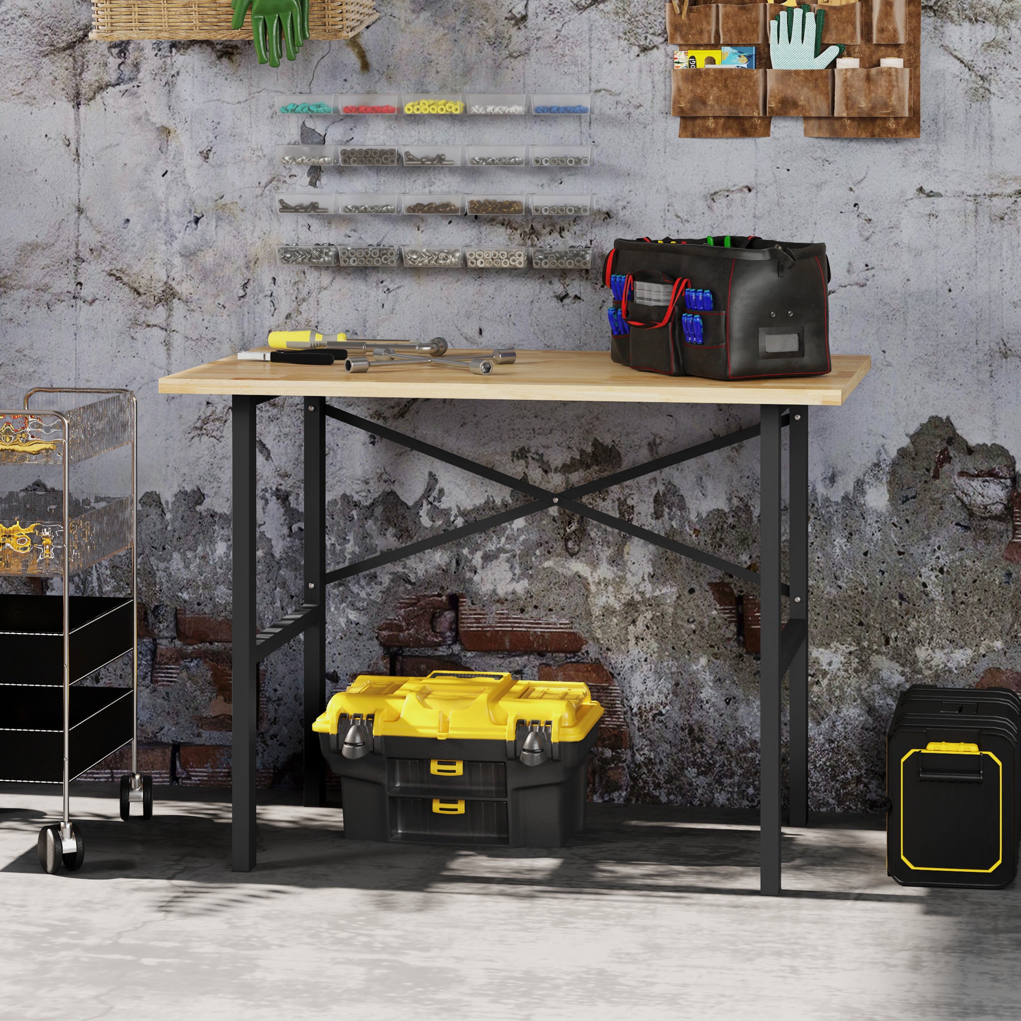 46"L x 28"W Garage Table with X Bar Support and Natural Tabletop, Natural/Black - Natural Wood - Image 2