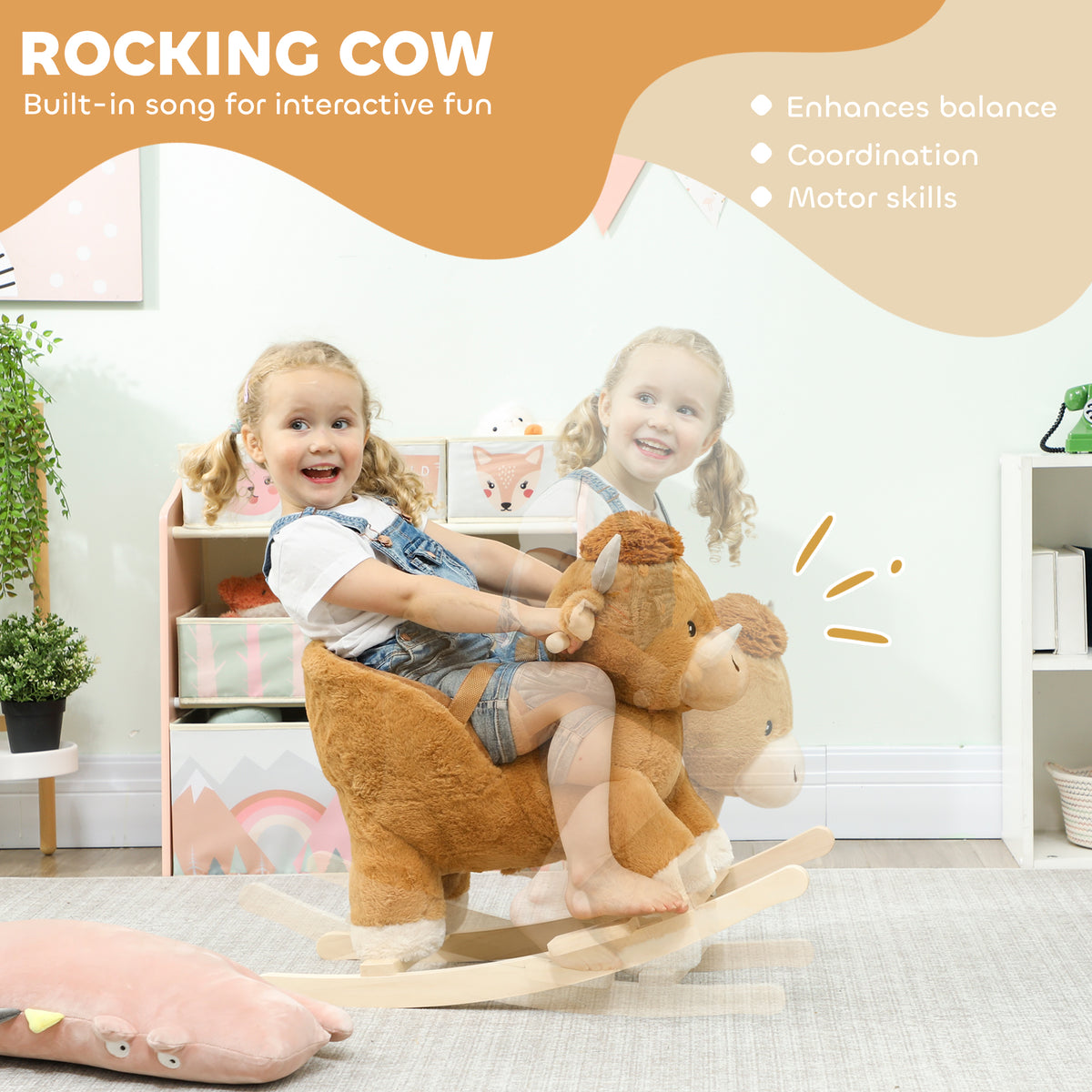 Baby Rocking Horse with Cute Cow Stuffed Plush, Music, Safety Belt, Wooden Rocking Horse for 1-3 Years, Brown