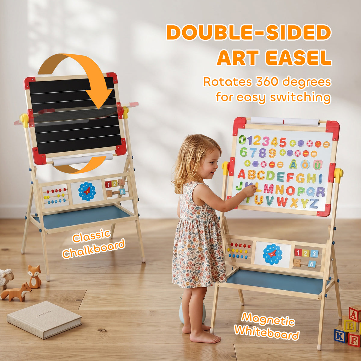 Art Easel for Kids, 360° Rotating Double Sided Kids Easel with Magnetic Whiteboard, Chalkboard, Storage Box, Natural