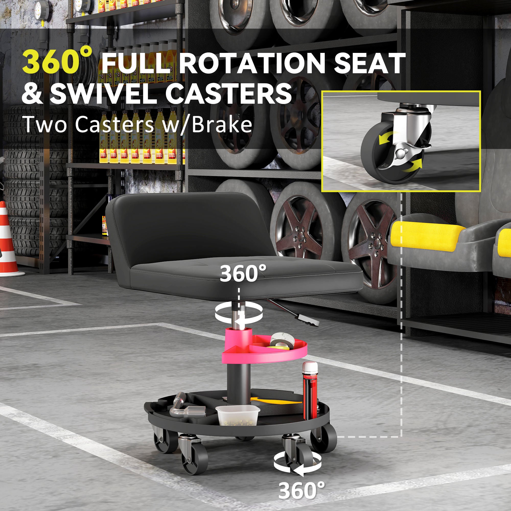 Rolling Creeper Garage Stool, 300 LBS Capacity Mechanic Stool with 360° Wheels, Tool Tray, Adjustable Height, Black