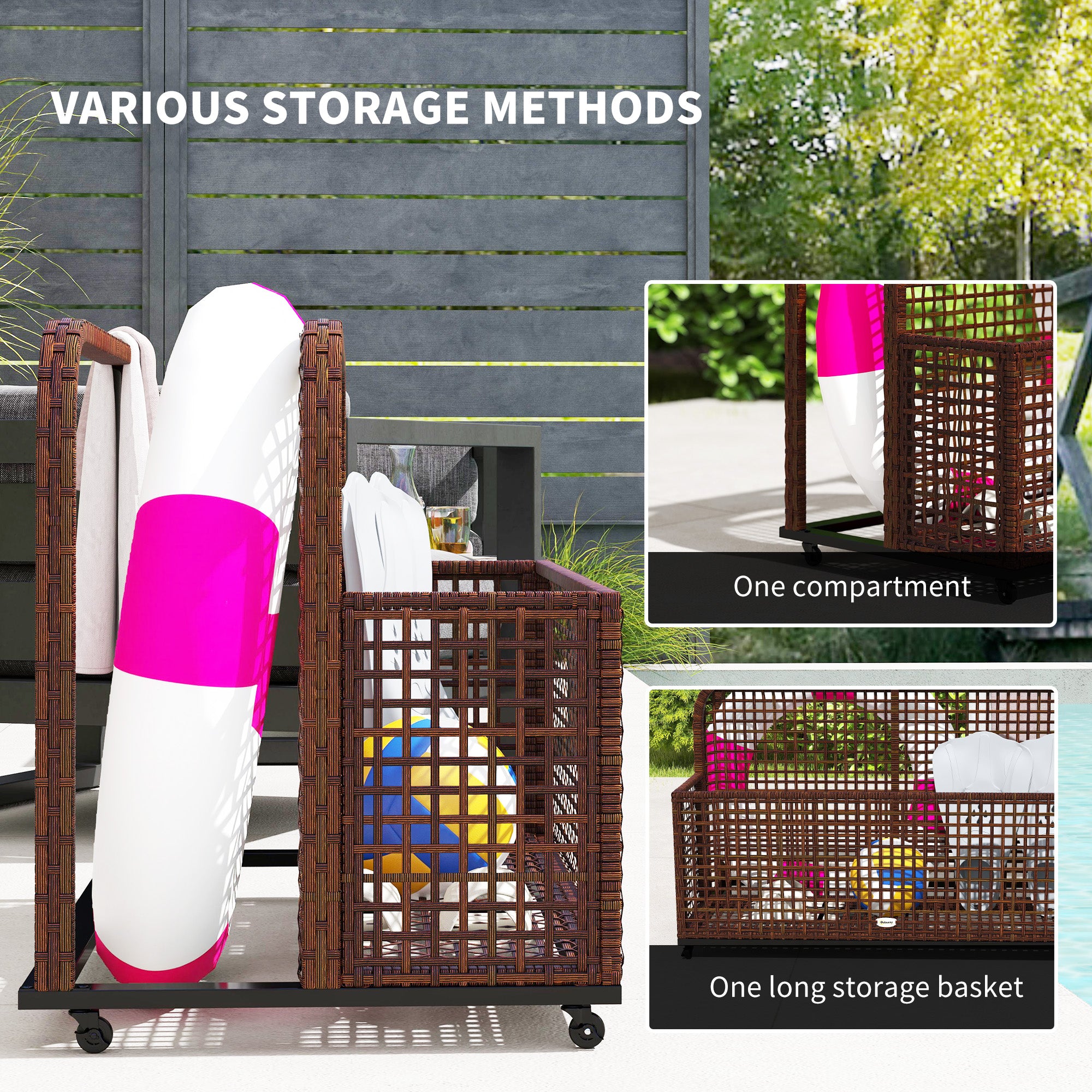 Pool Float Storage, Pool Caddy, with Wheels, 43.25" L x 22.5" W x 28" H, Brown - Brown - Image 5