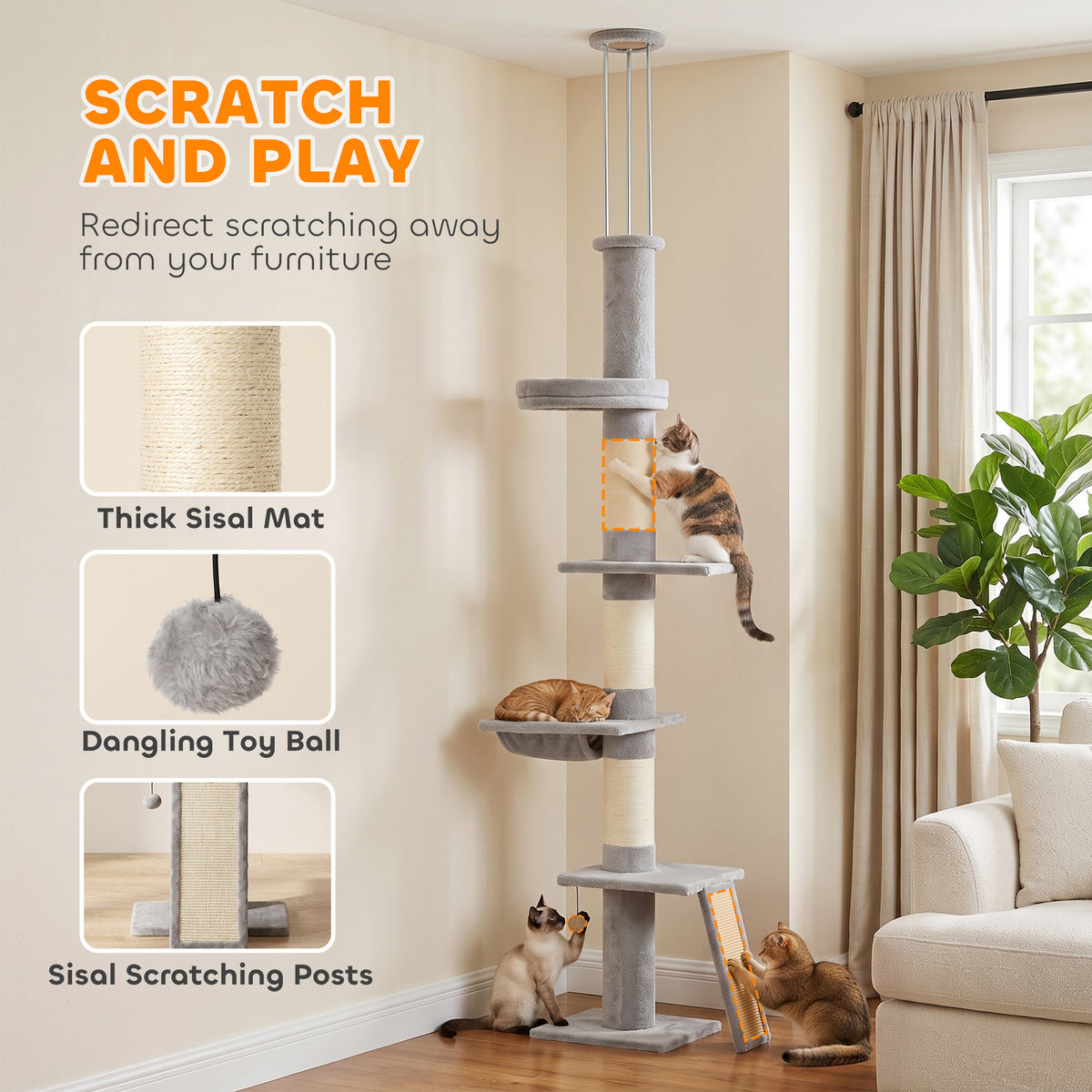 90.6" -102.4" Floor-to-Ceiling Cat Tree Adjustable Height with 3-Rod Support, 5-Level Cat Tower, Light Gray