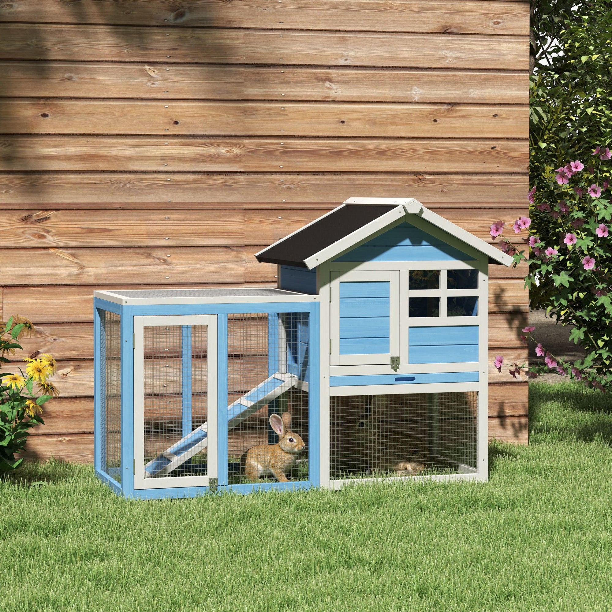 48" Wooden Rabbit Hutch Bunny Cage with Waterproof Asphalt Roof, Fun Outdoor Run, Removable Tray and Ramp, for Rabbits, Chickens, Ducks, Light Blue - Sky Blue - Image 2