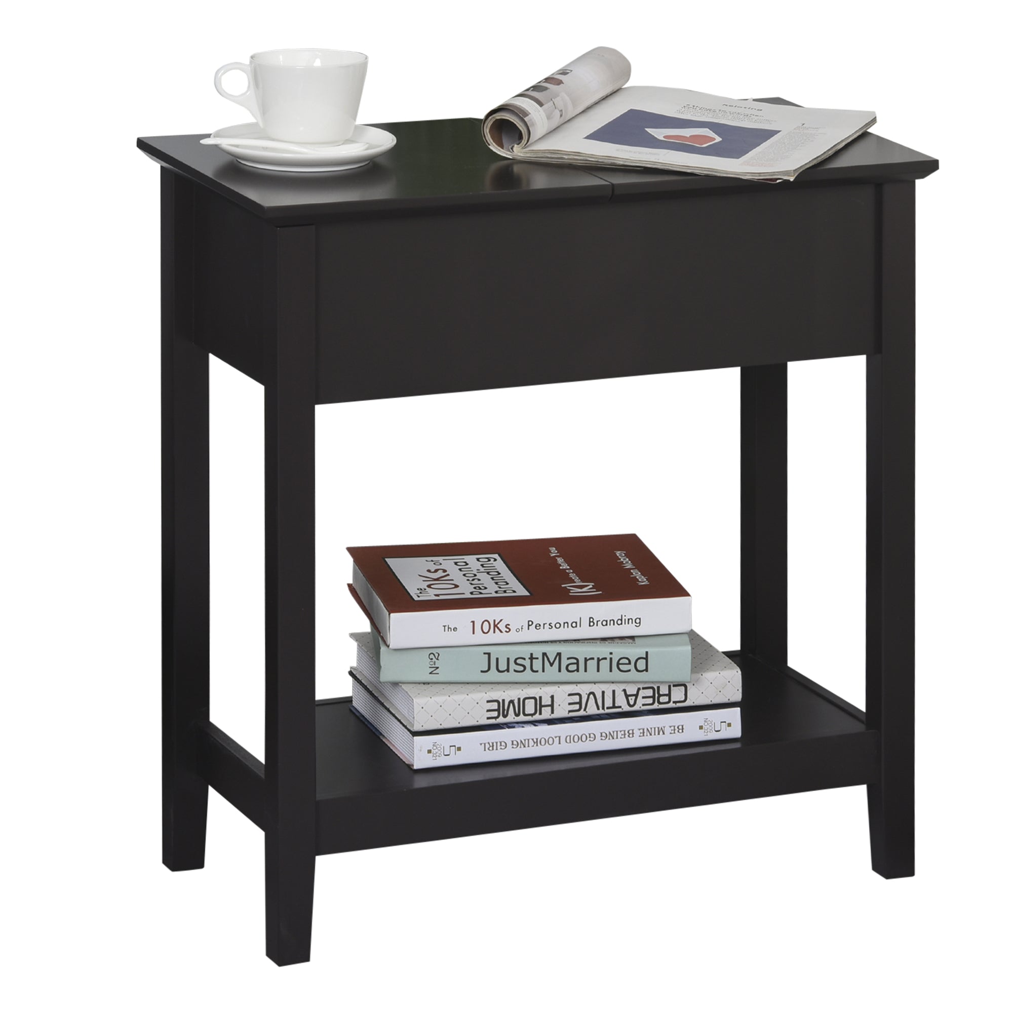End Table, Narrow Side Table with Flip Top, Storage Cabinet, Bottom Shelf for Living Room, Dark Coffee