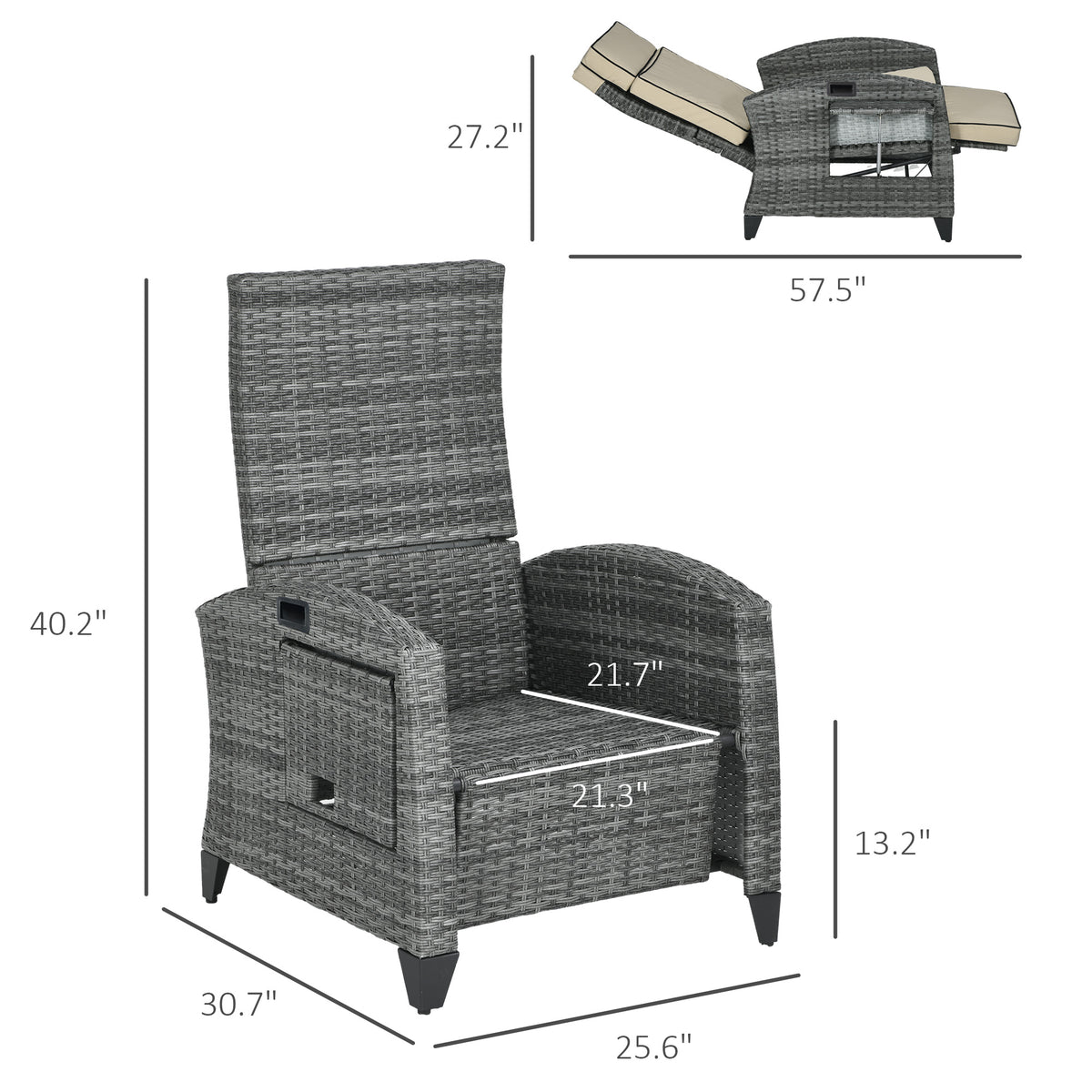 Outdoor Recliner Chair with Cushions, Reclining Patio Lounge Chair with Adjustable Footrest, Armrests, Tray Table, Khaki