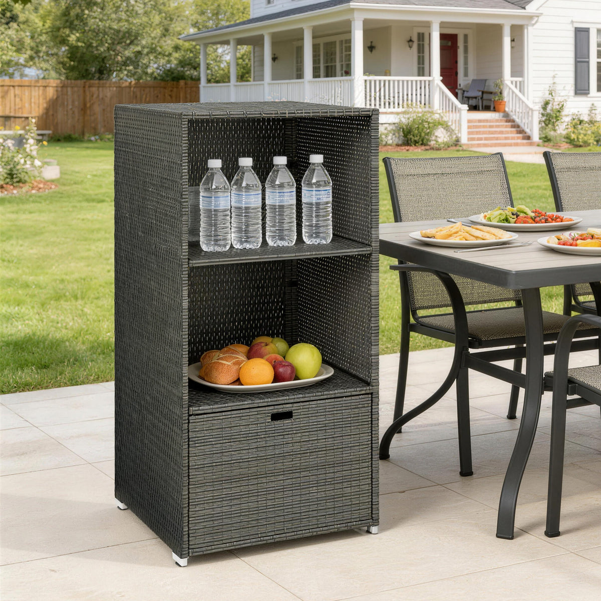 Valet Pool Towel Rack, Water-Resistant PE Plastic Rattan Wicker Storage Organizer, 2 Shelves, 1 Basket Drawer, Dark Gray