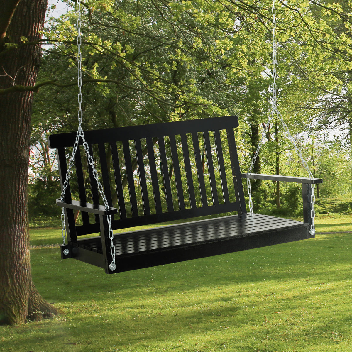 2-Seater Hanging Porch Swing Outdoor Patio Swing Chair Seat with Slatted Build and Chains, 440lbs Weight Capacity, Black