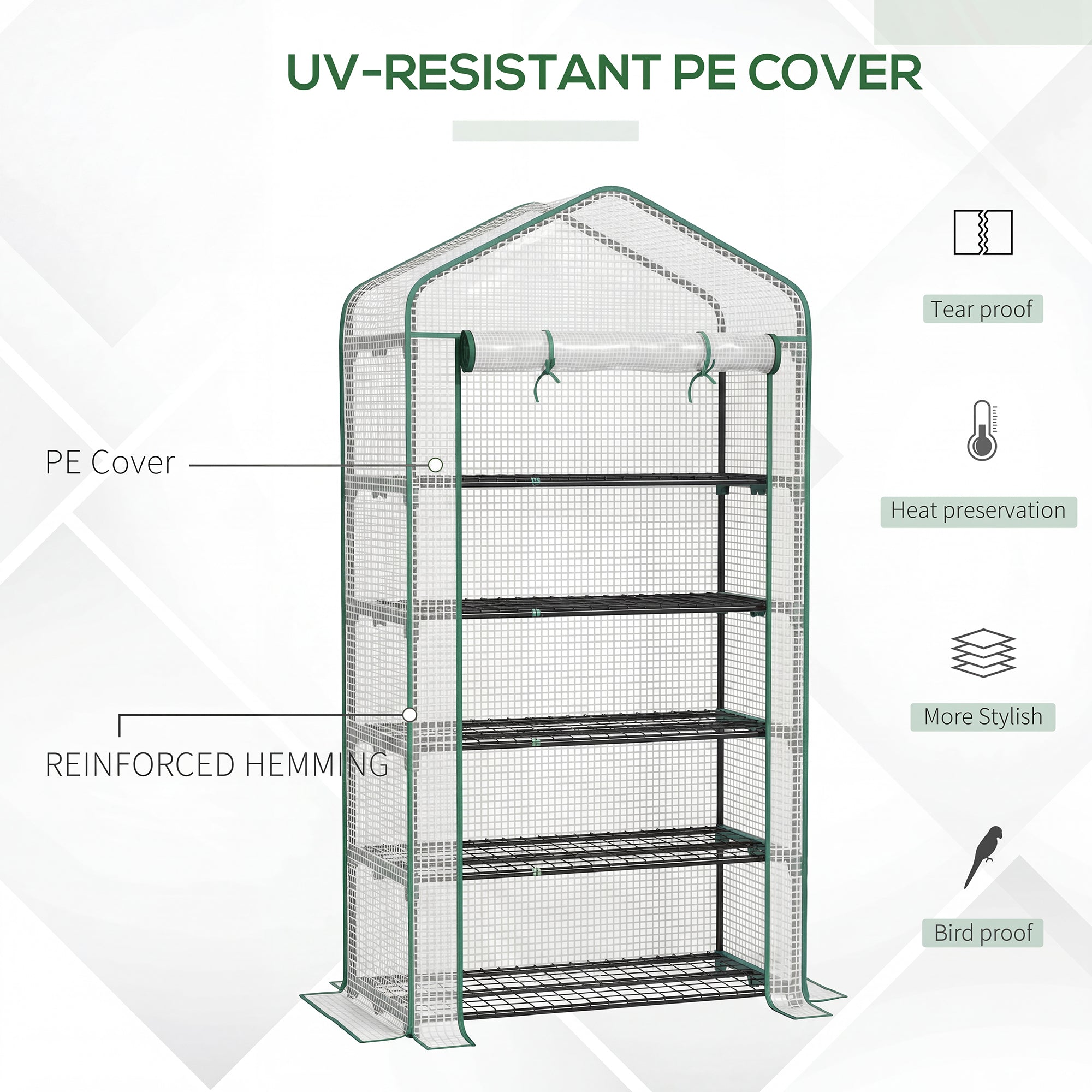 5 Tier Mini Greenhouse, Small Portable Greenhouse with PE Cover, Roll-Up Zippered Door, 76" x 35.4" x 19.3", White - White - Image 6