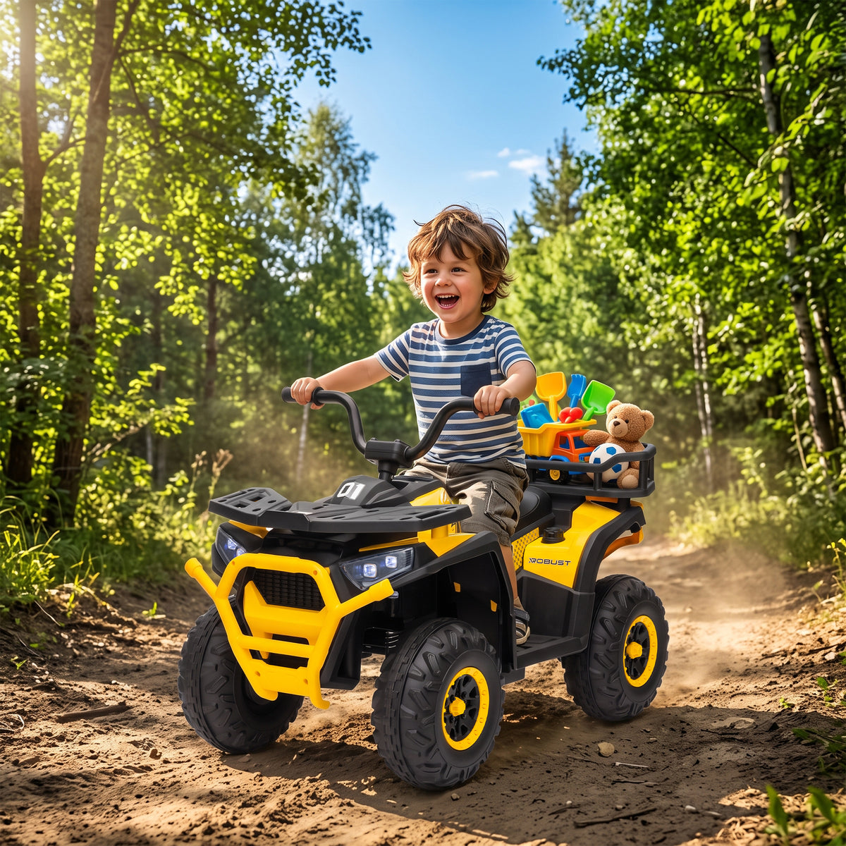 12V Kids ATV, 4 Wheeler Quad with 4 Spring Suspension Wheels, LED Lights, Music USB for 3-5 Years, Yellow