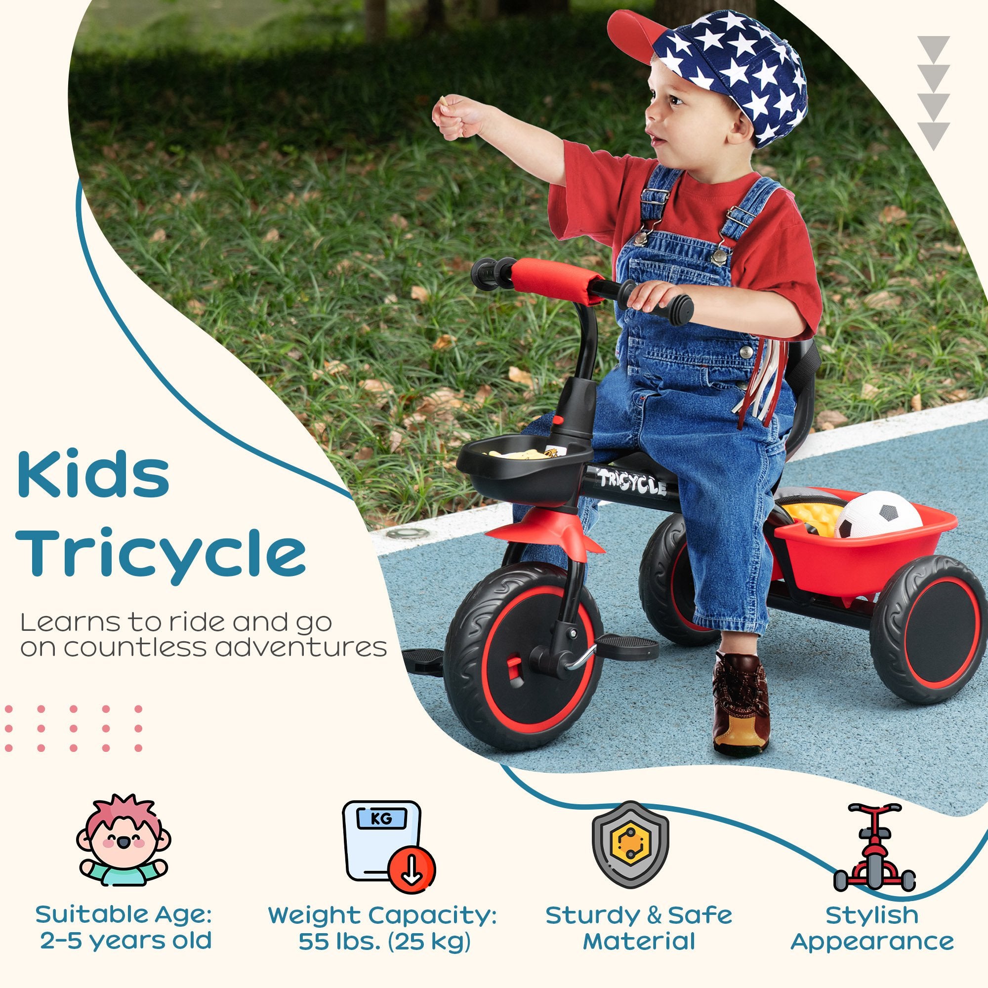 Tricycle for Toddlers Age 2-5 with Adjustable Seat, Toddler Bike with Storage Baskets for Girls and Boys, Red
