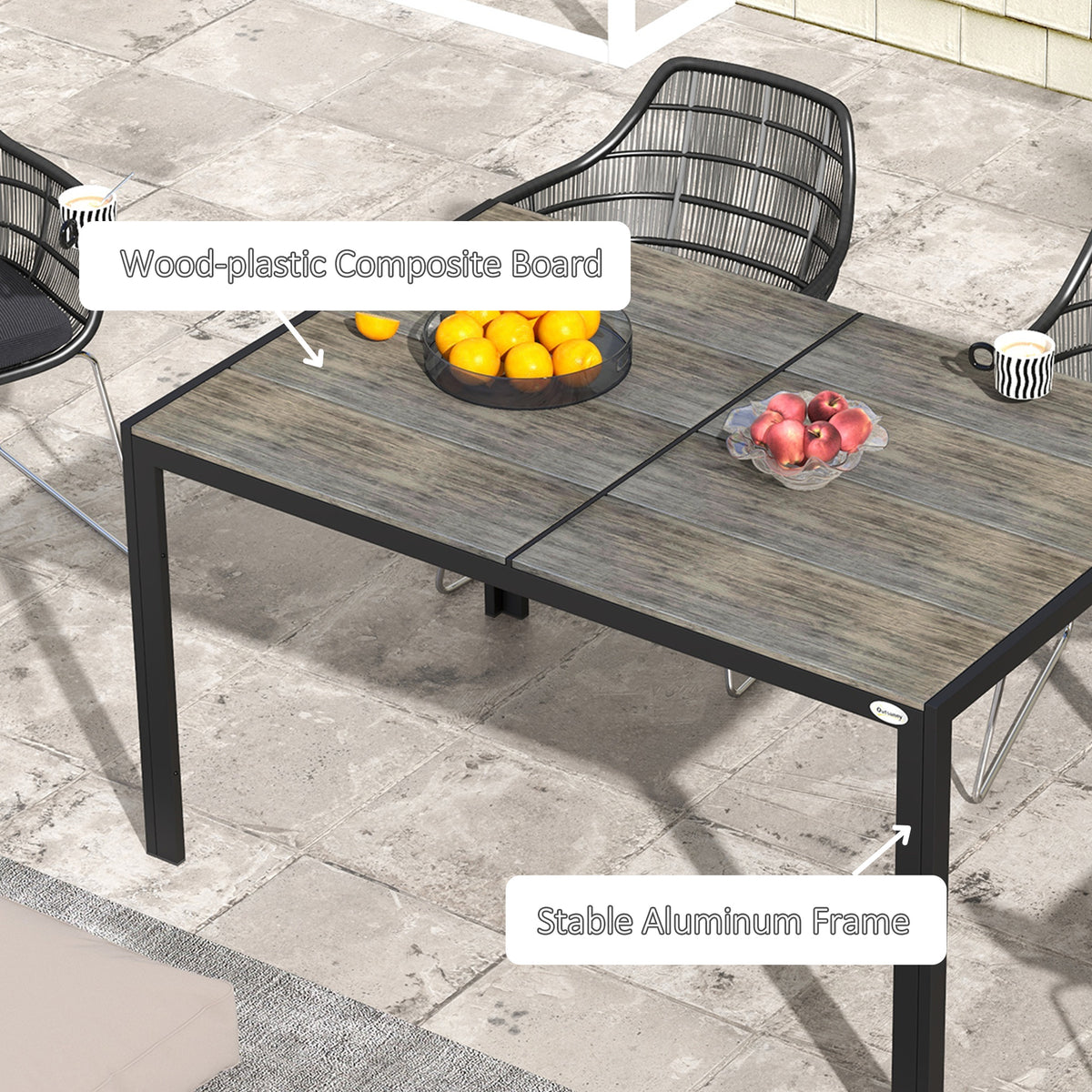 Patio Table for 6 with Aluminum Frame, Faux Wood Tabletop, Rectangular Outdoor Table for Backyard, Lawn, Balcony, Gray