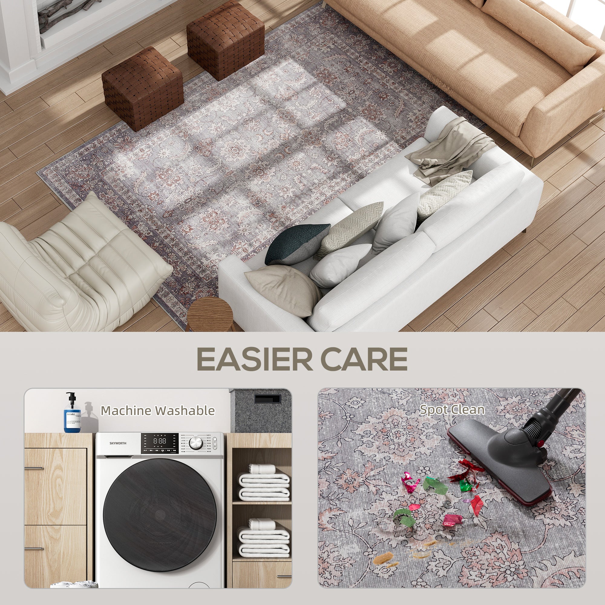 Machine Washable Area Rug 5x7, Non-Slip Traditional Flower Print Floor Carpet for Living Room, Bedroom, Grey and Brown