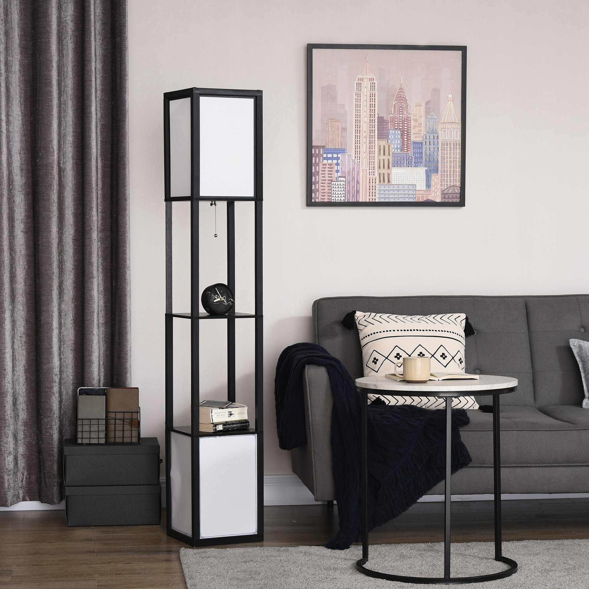 Modern Shelf Floor Lamp with Dual Ambient Light, Standing Lamp Living Room, Bedroom, 10.25"x10.25"x61.5", Black