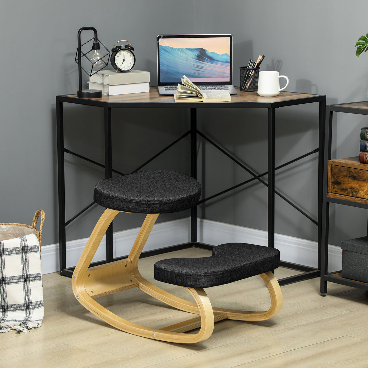 Ergonomic Kneeling Chair with Wood Frame, Posture Support Desk Chair for Home Office, 264 lb Capacity, Black
