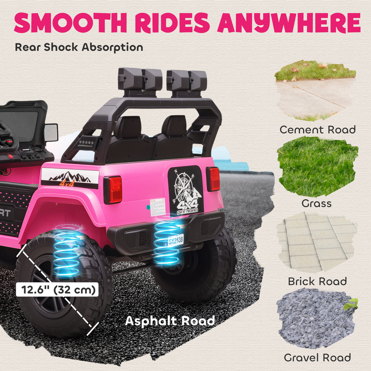 Qaba Ride on Truck Car with 2-Seater, 24V Electric Car with 4 Motors, Remote Control, Spring Suspension for 3-8 Years, Pink