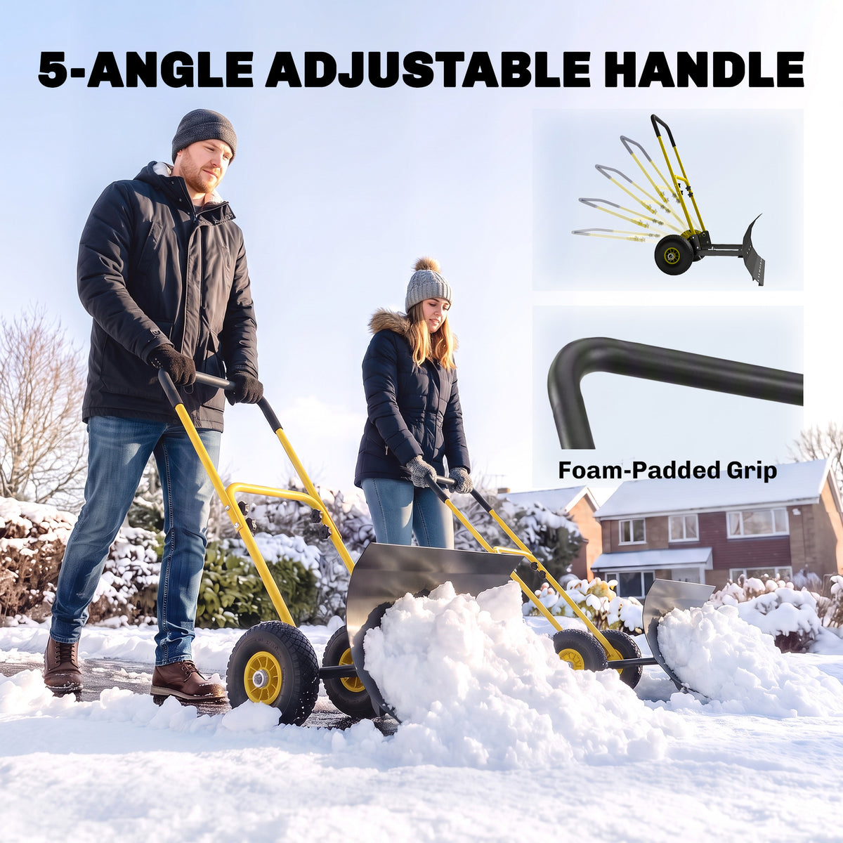Snow Shovel with Wheels, 29" x 16.5" Metal Snow Pusher with Adjustable Handle, 5-Angle Blade for Driveway, Yellow