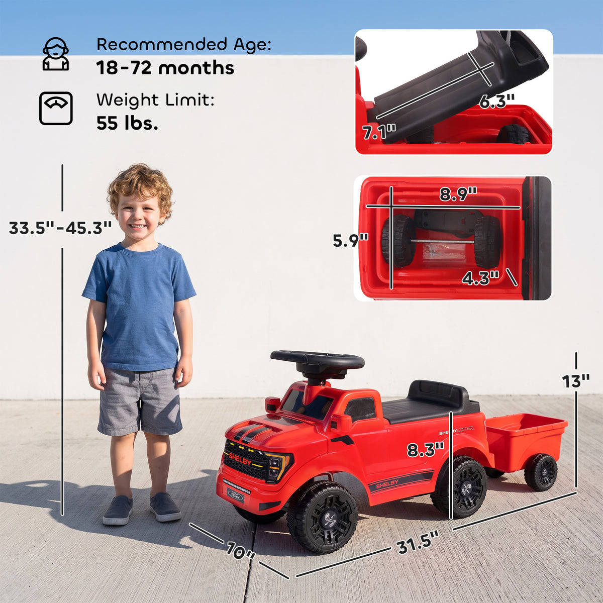 Ride on Push Car, Licensed Shelby Foot to Floor Sliding Toddler Toy with Trailer, Lift-Up Hood for 18-72 M, Red