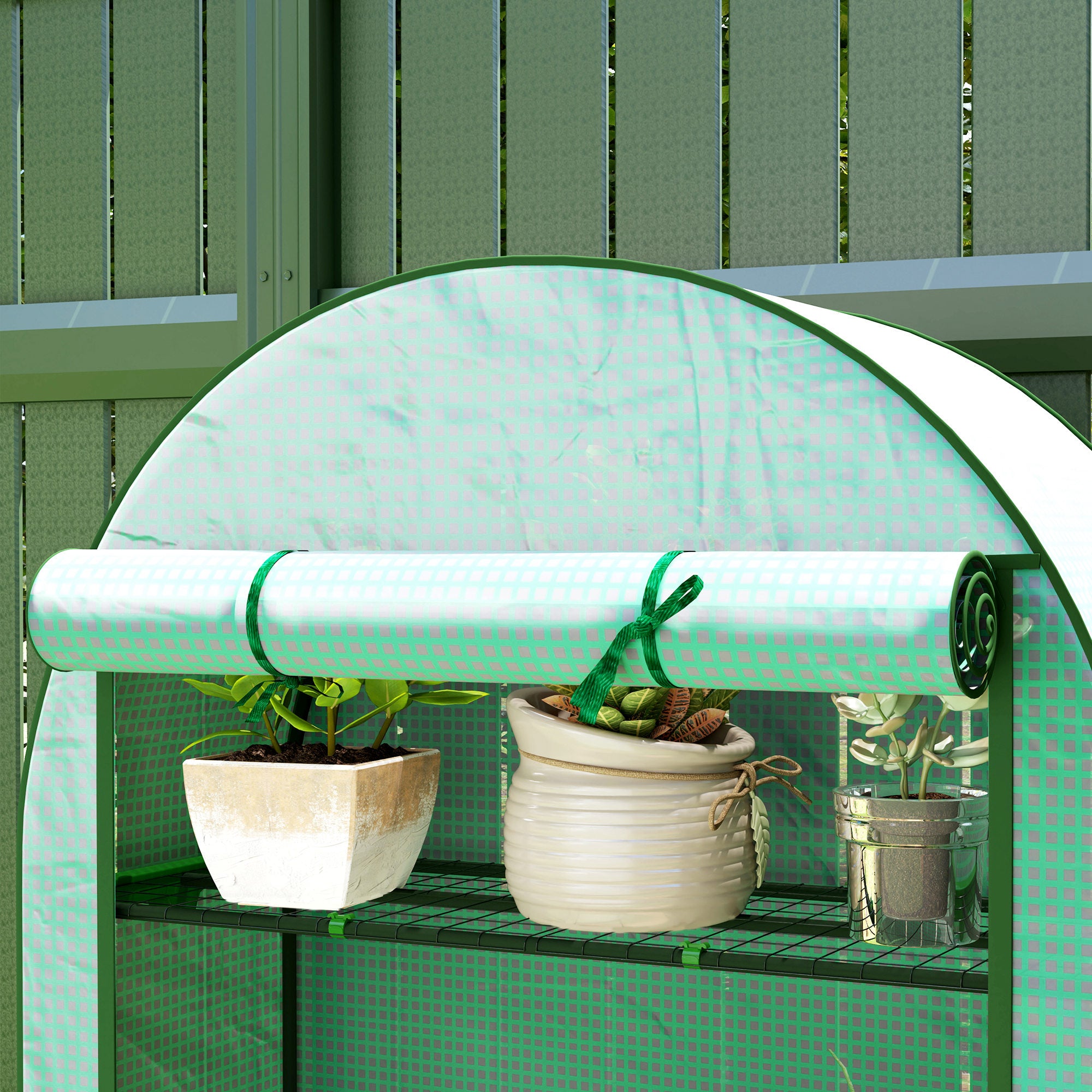 Mini Greenhouse, Portable Greenhouse with 4 Tier Shelves, Roll-Up Door, and Plastic Cover, 41.3" x 17.7" x 63", Green - Green - Image 8