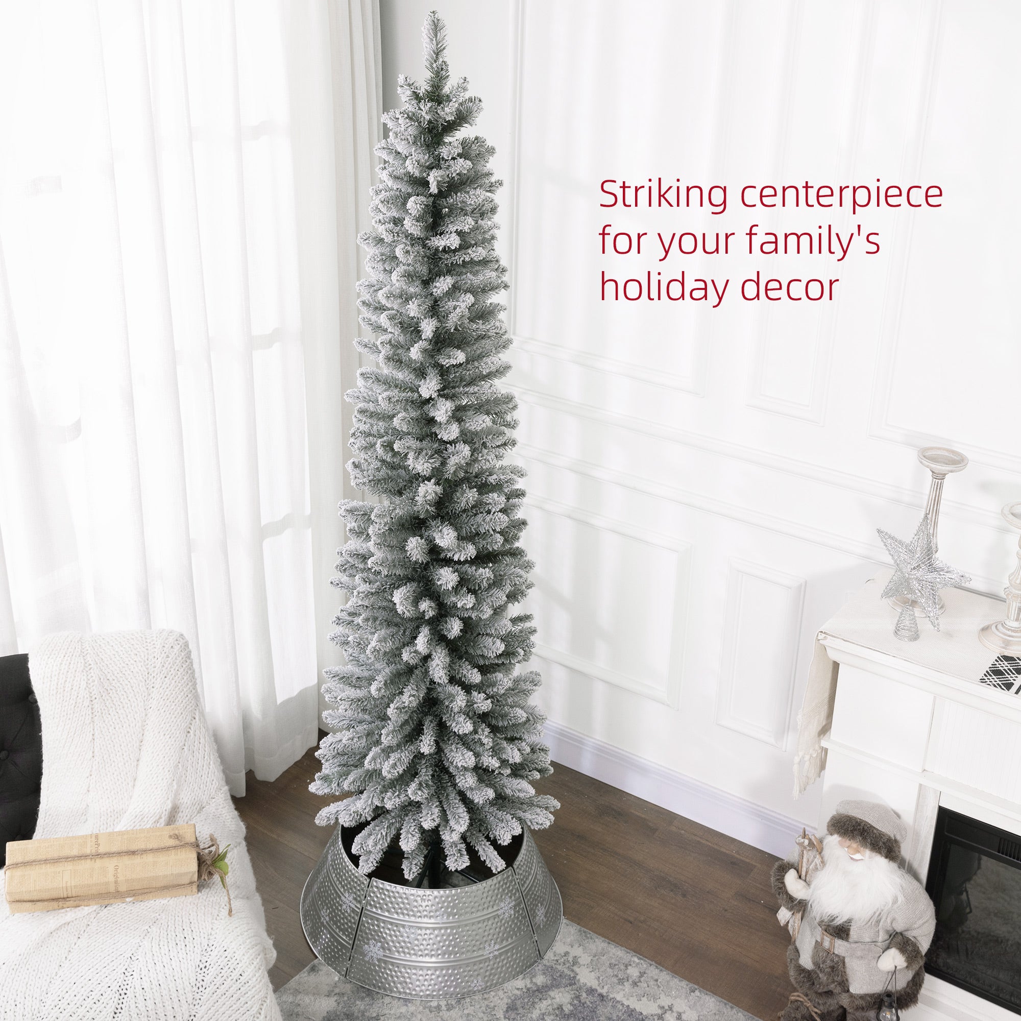 7ft Artificial Christmas Tree, Snow Flocked Branches, Metal Base, Pencil Xmas Tree