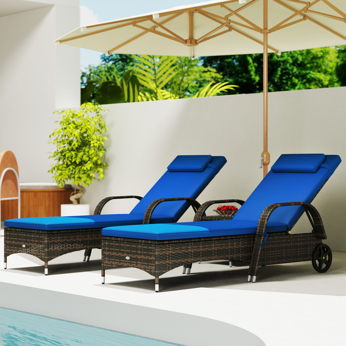 Patio Wicker Chaise Lounge Chair Set of 2 with Table, Adjustable Backrest, Wheels, Cushion & Headrest, Blue