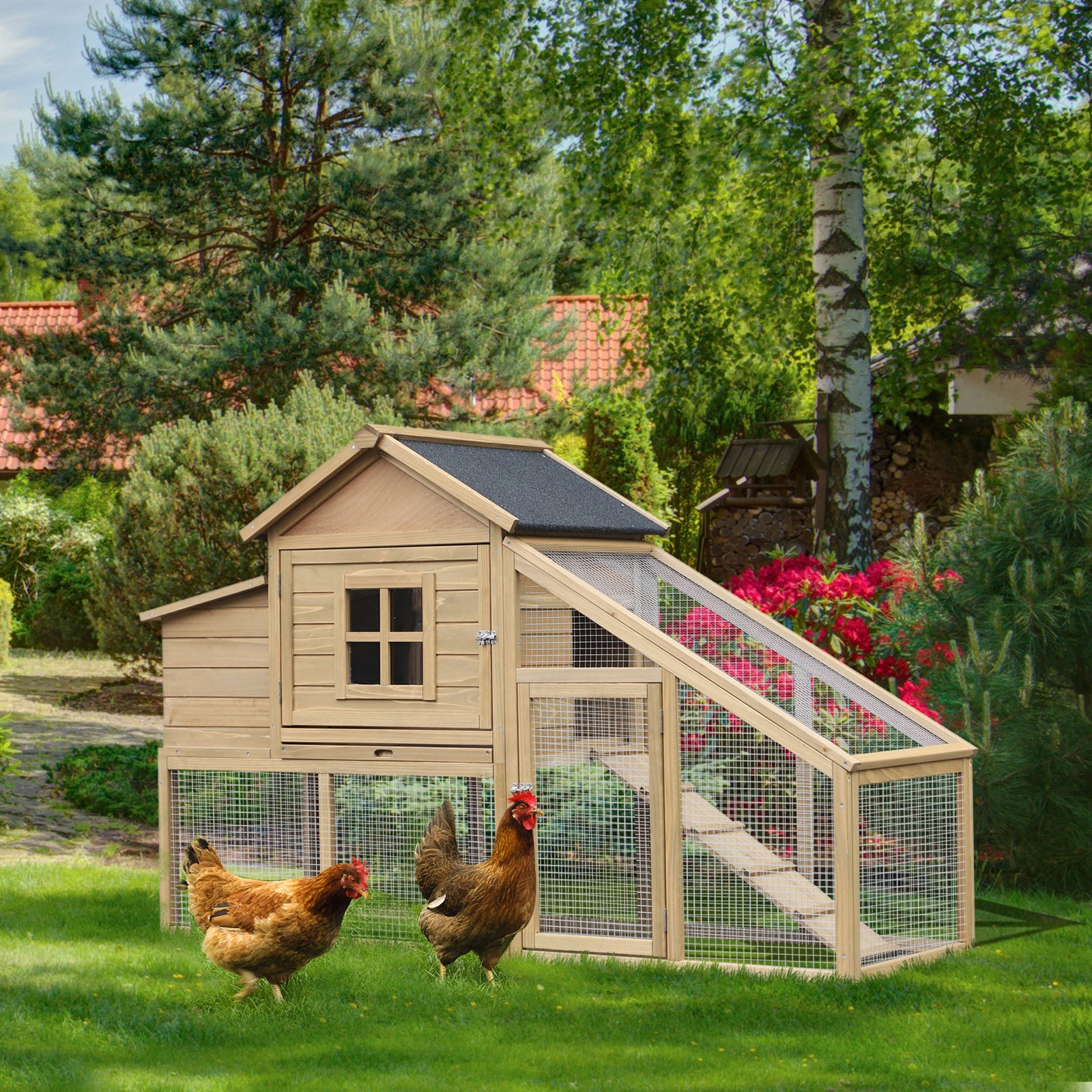 69" Wooden Chicken Coop, Poultry Cage Hen House with Connecting Ramp, Removable Tray, Ventilated Window and Nesting Box, Natural - Natural Wood - Image 2