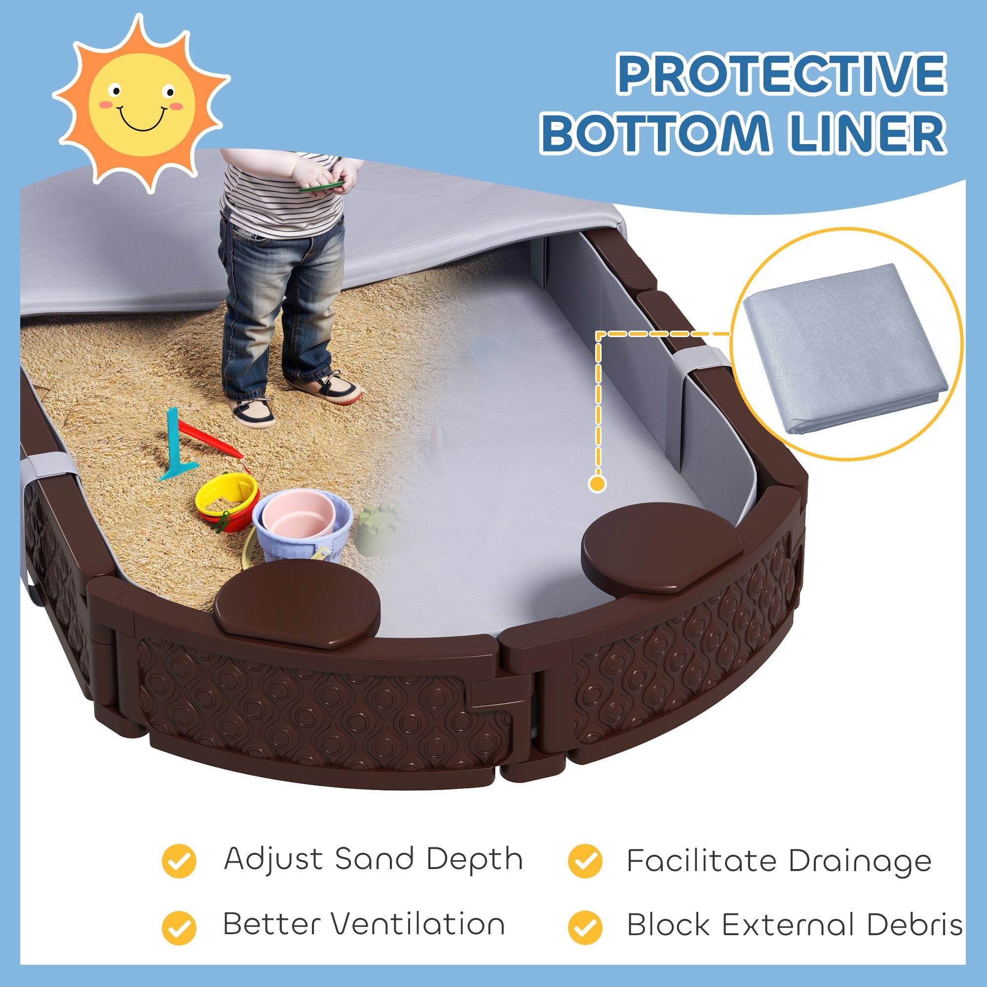 Kids Sandbox with Cover, 4 Corner Seats, Bottom Liner for Backyard, Garden, Outdoor, 71" x 42" W x 9", Dark Brown