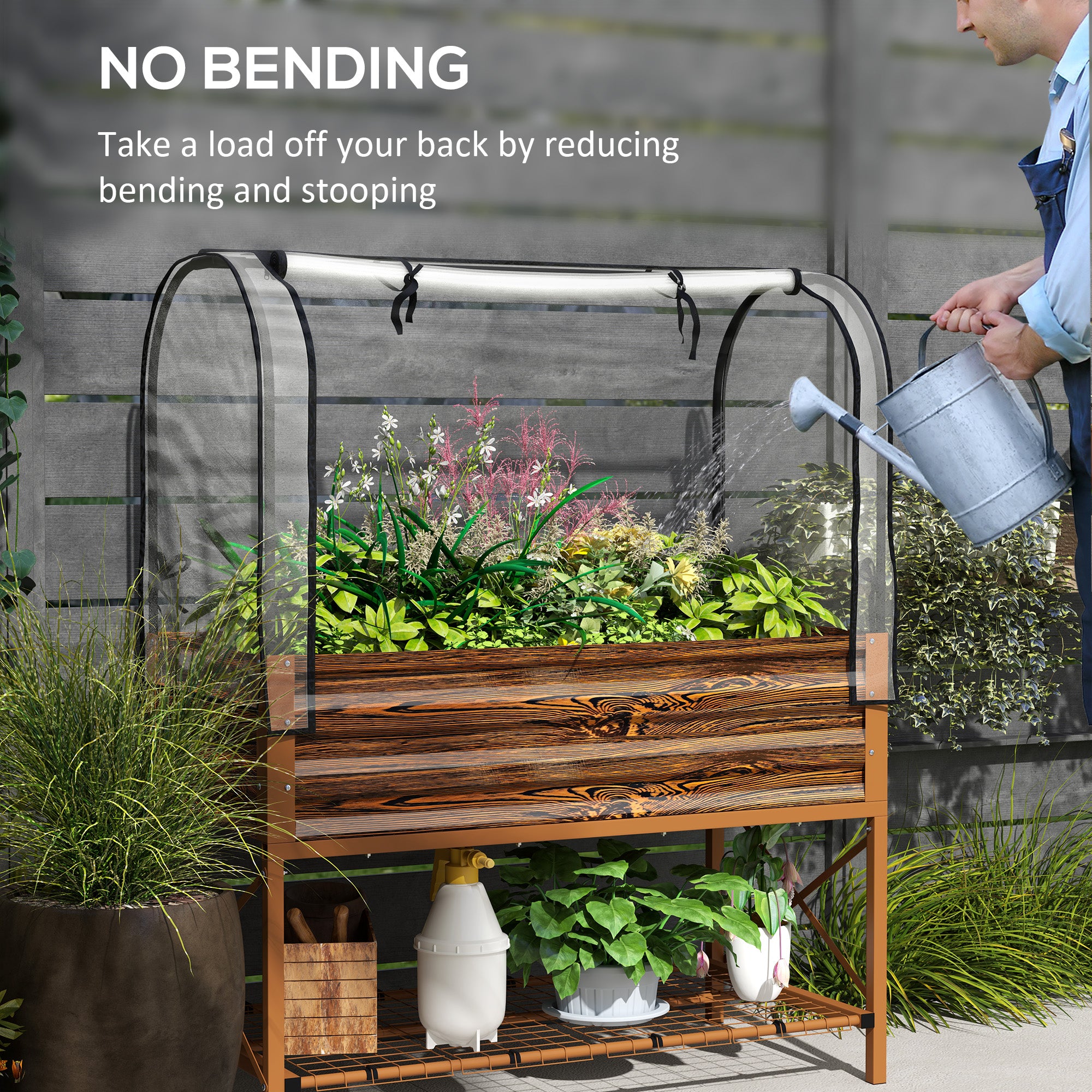 Raised Garden Bed with Legs and Cover, Metal Elevated Planter Box with Bottom Shelf and Liner for Vegetables, Brown - Brown - Image 7