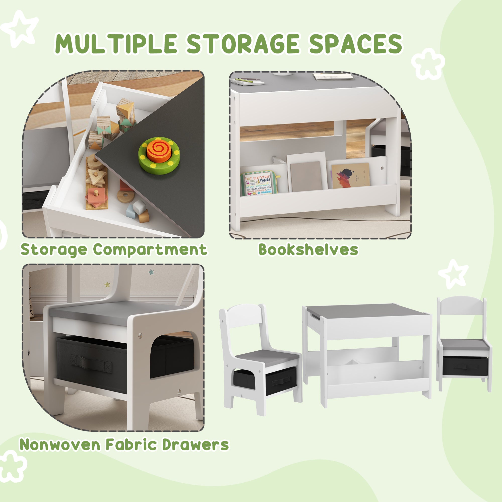 3pc Kids Table and Chair Set with Reversible Tabletop Blackboard, Storage & Bookshelves, Gray