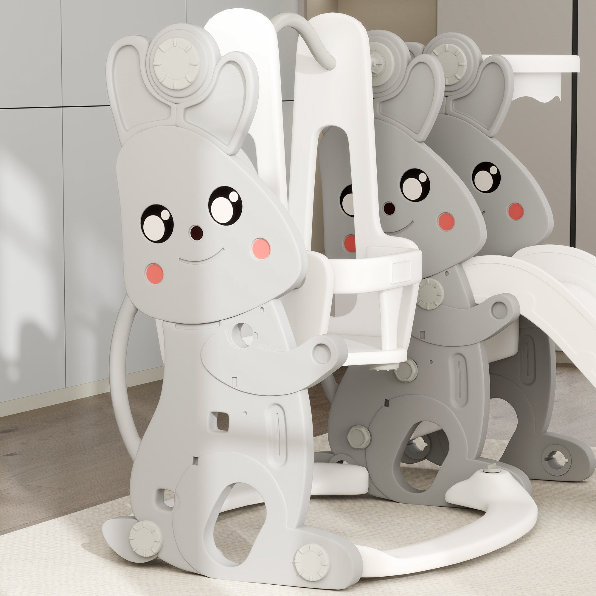 4 in 1 Toddler Slide and Swing Set with Climber, Basketball Hoop, Rabbit Themed Kids Playset for Ages 1.5-4, Gray