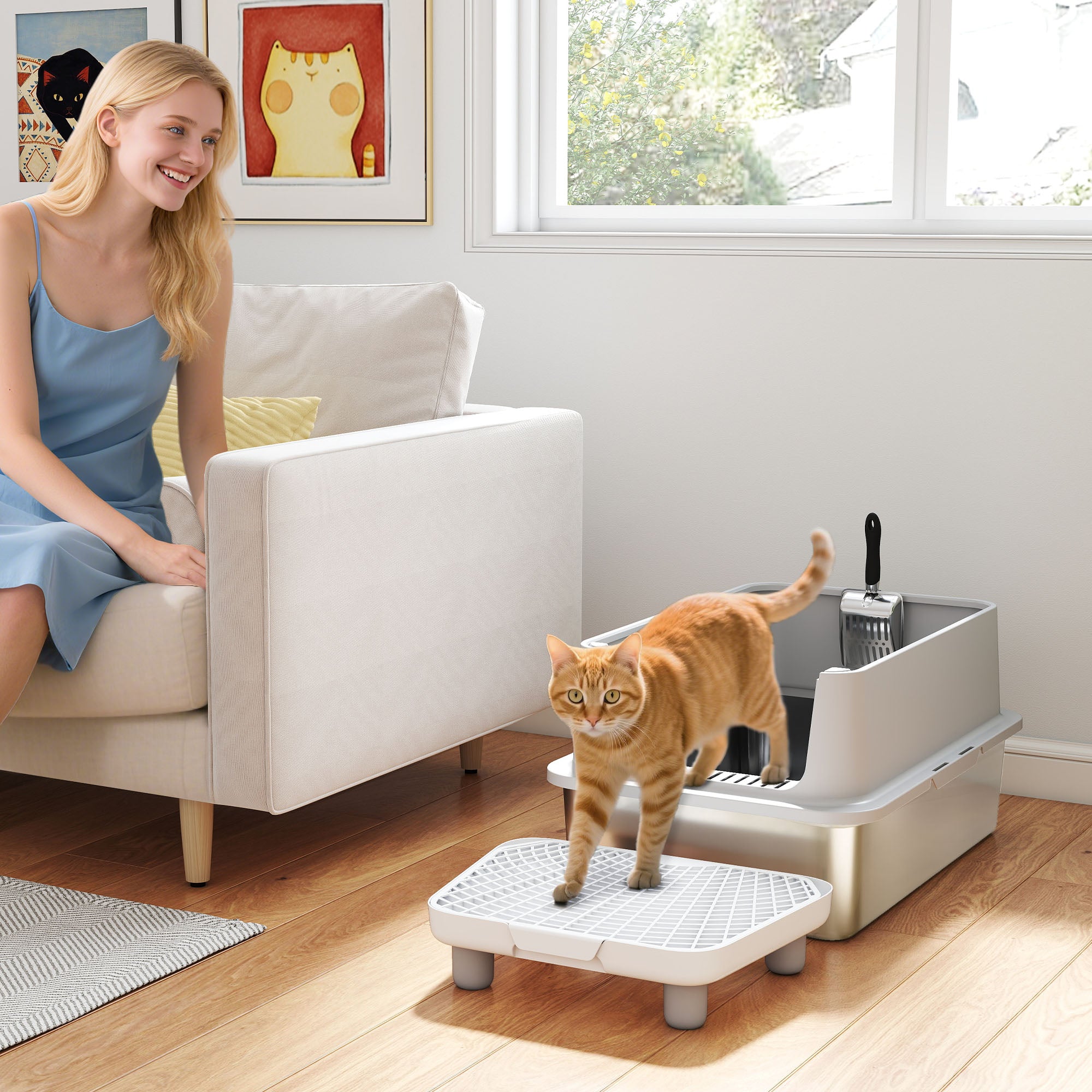 Extra Large Stainless Steel Cat Litter Box with Scoop & Pad, Anti-Urine Leakage, Easy Cleaning, Non-Sticky - Gray - Image 2