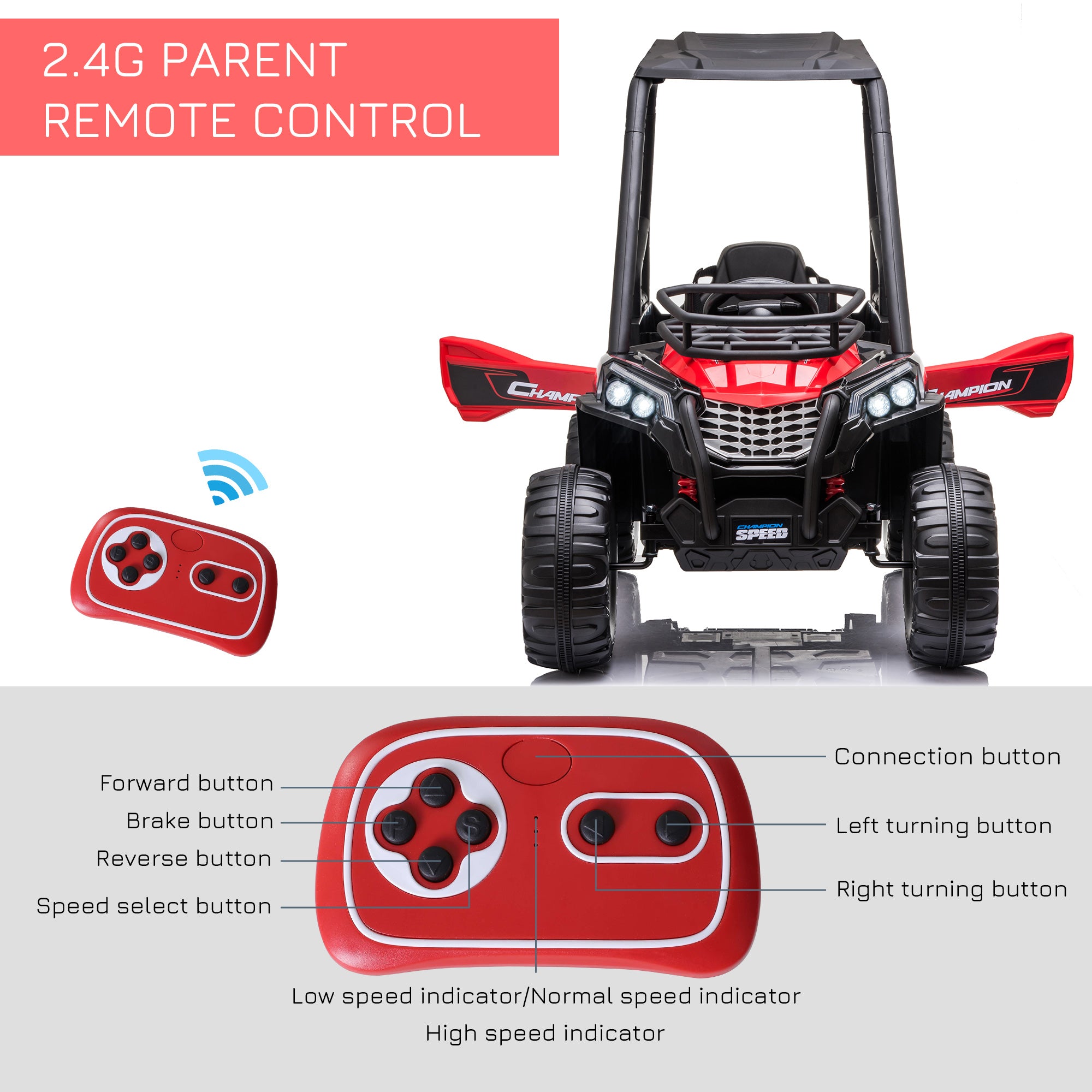 12V Kids UTV with Music, Lights, MP3/USB, Suspension System, Remote Control, Red